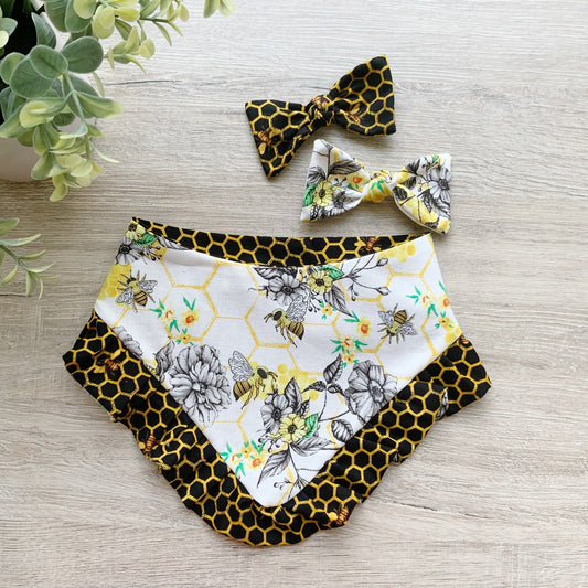 Summer Honeycomb Bee Dog Bandana with Ruffle, Matching Hair Bow