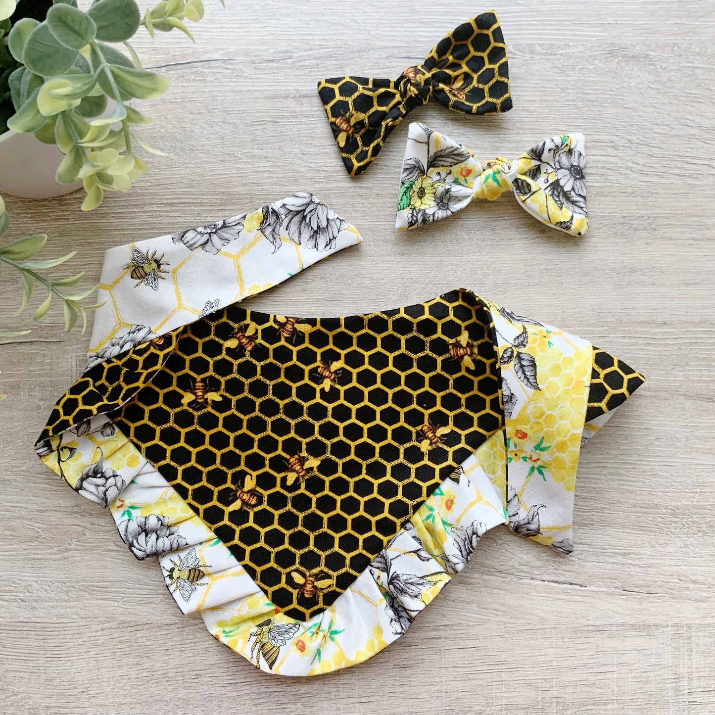 Summer Honeycomb Bee Dog Bandana with Ruffle, Matching Hair Bow