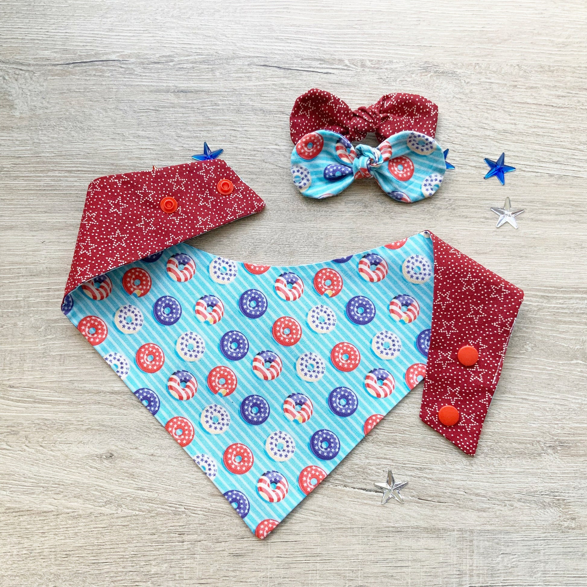 Patriotic Dog Bandana, Donuts and Stars, Snap-On Pet Scarf