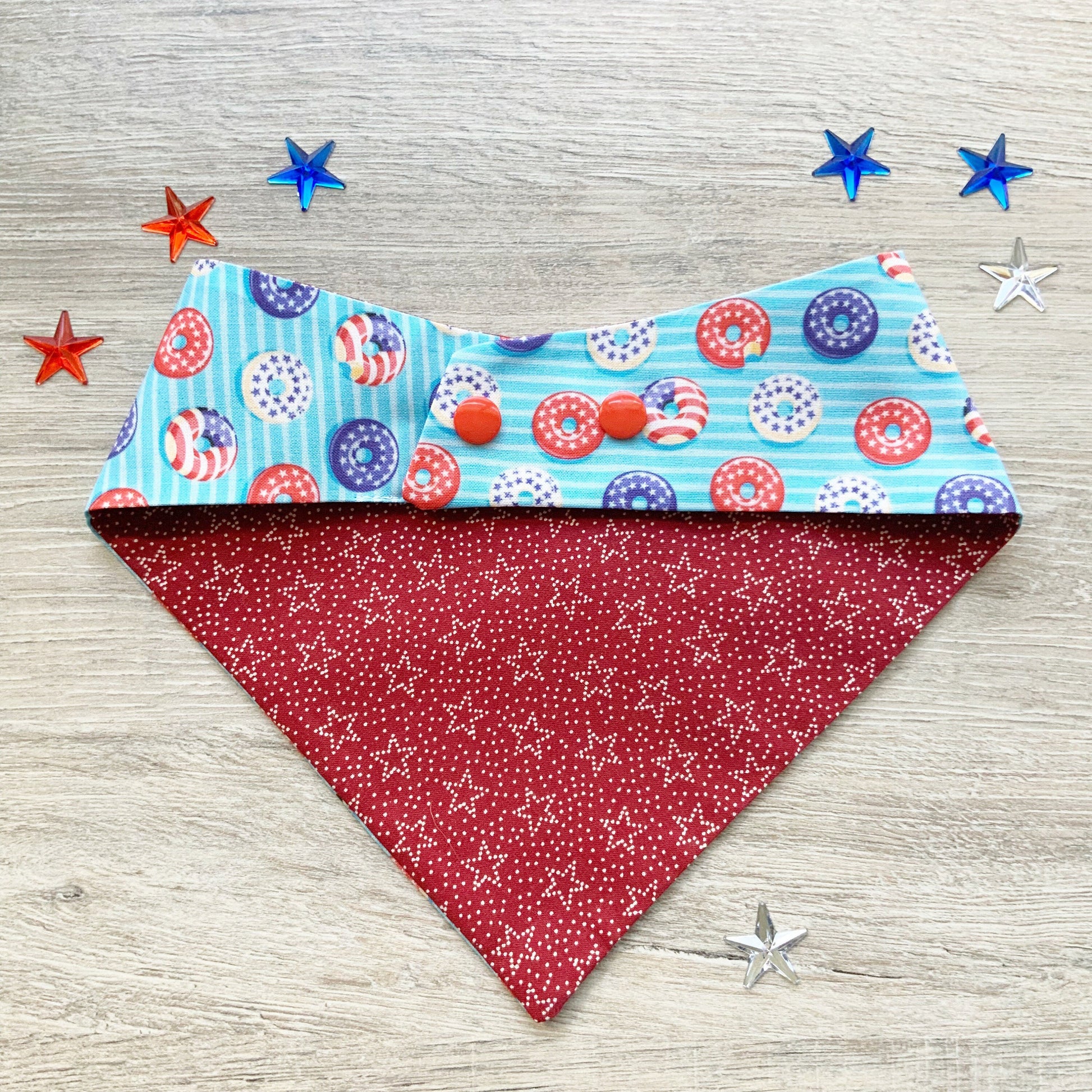 Patriotic Dog Bandana, Donuts and Stars, Snap-On Pet Scarf
