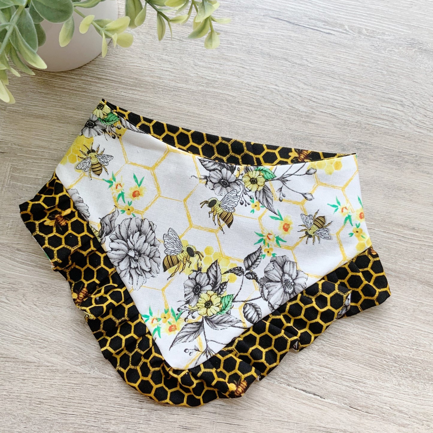 Summer Honeycomb Bee Dog Bandana with Ruffle, Matching Hair Bow