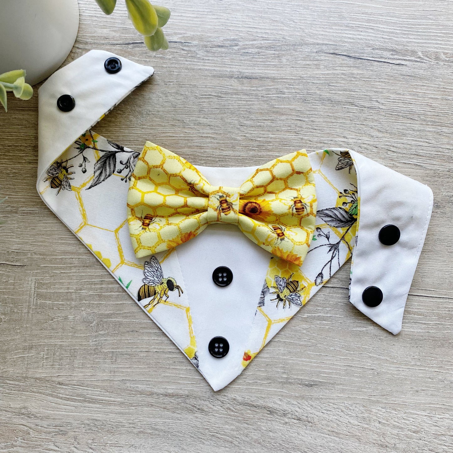 Bee Honeycomb Tuxedo Dog Bandana with Bowtie, Snap-On
