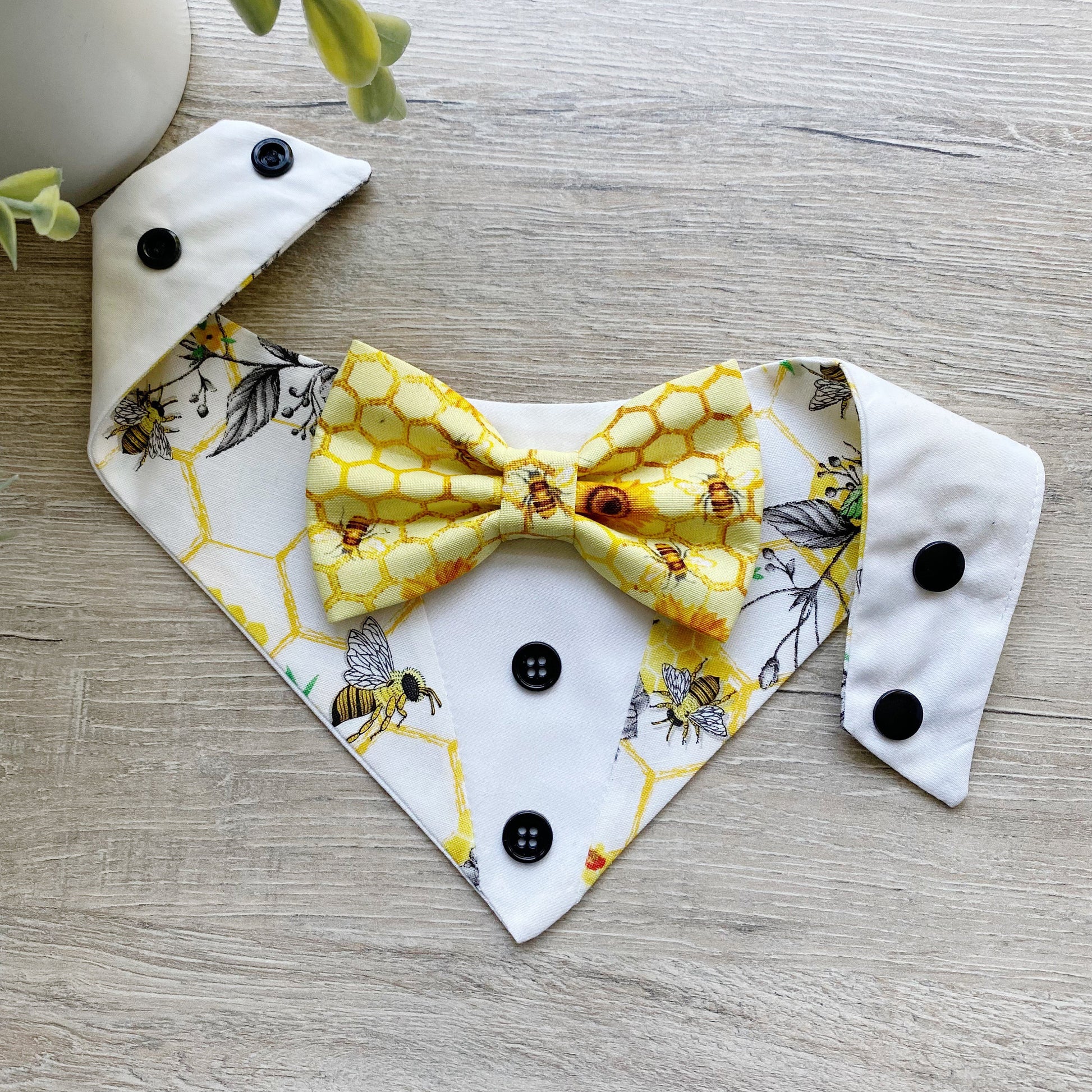 Bee Honeycomb Tuxedo Dog Bandana with Bowtie, Snap-On