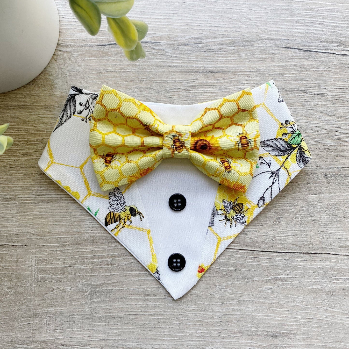 Bee Honeycomb Tuxedo Dog Bandana with Bowtie, Snap-On