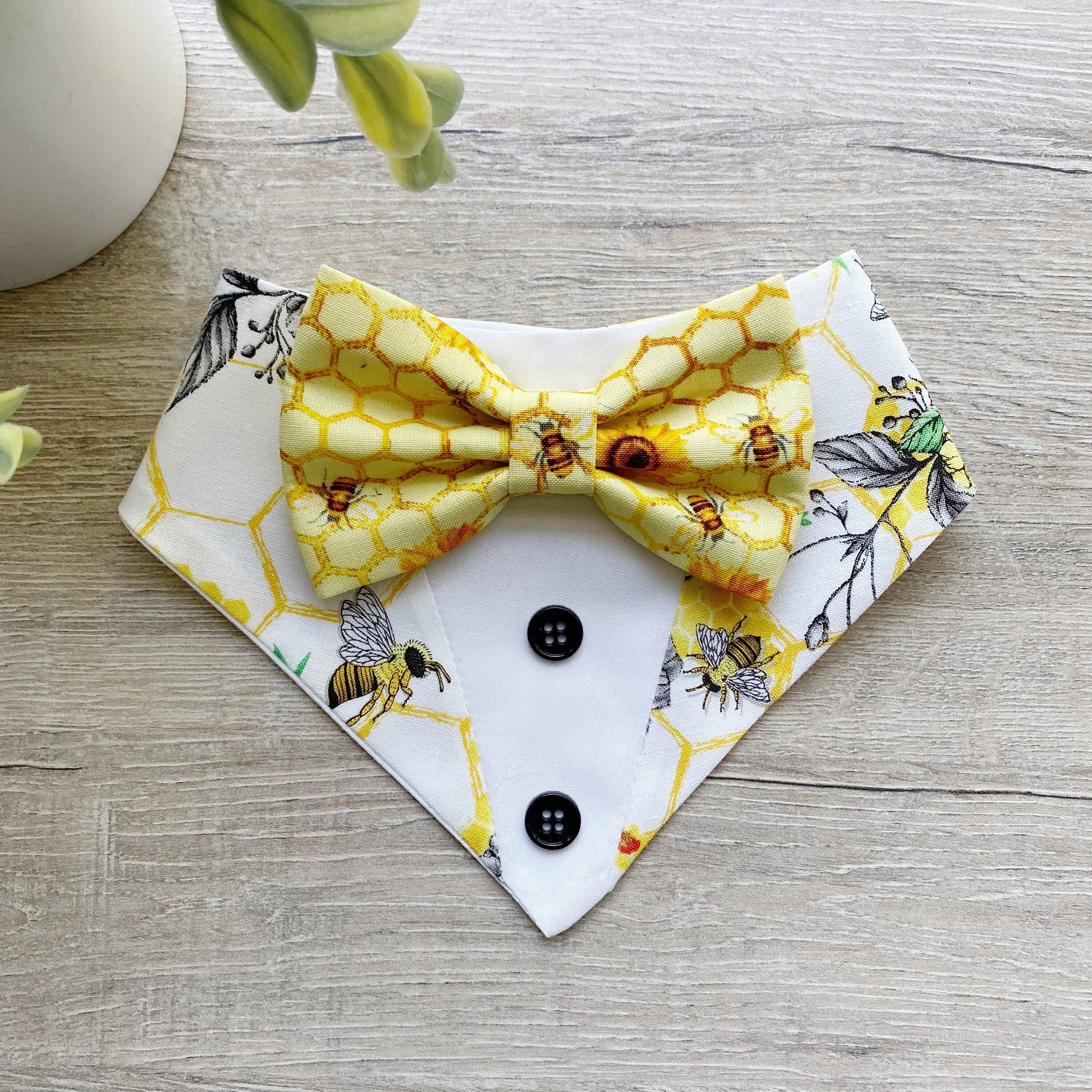 Bee Honeycomb Tuxedo Dog Bandana with Bowtie, Snap-On
