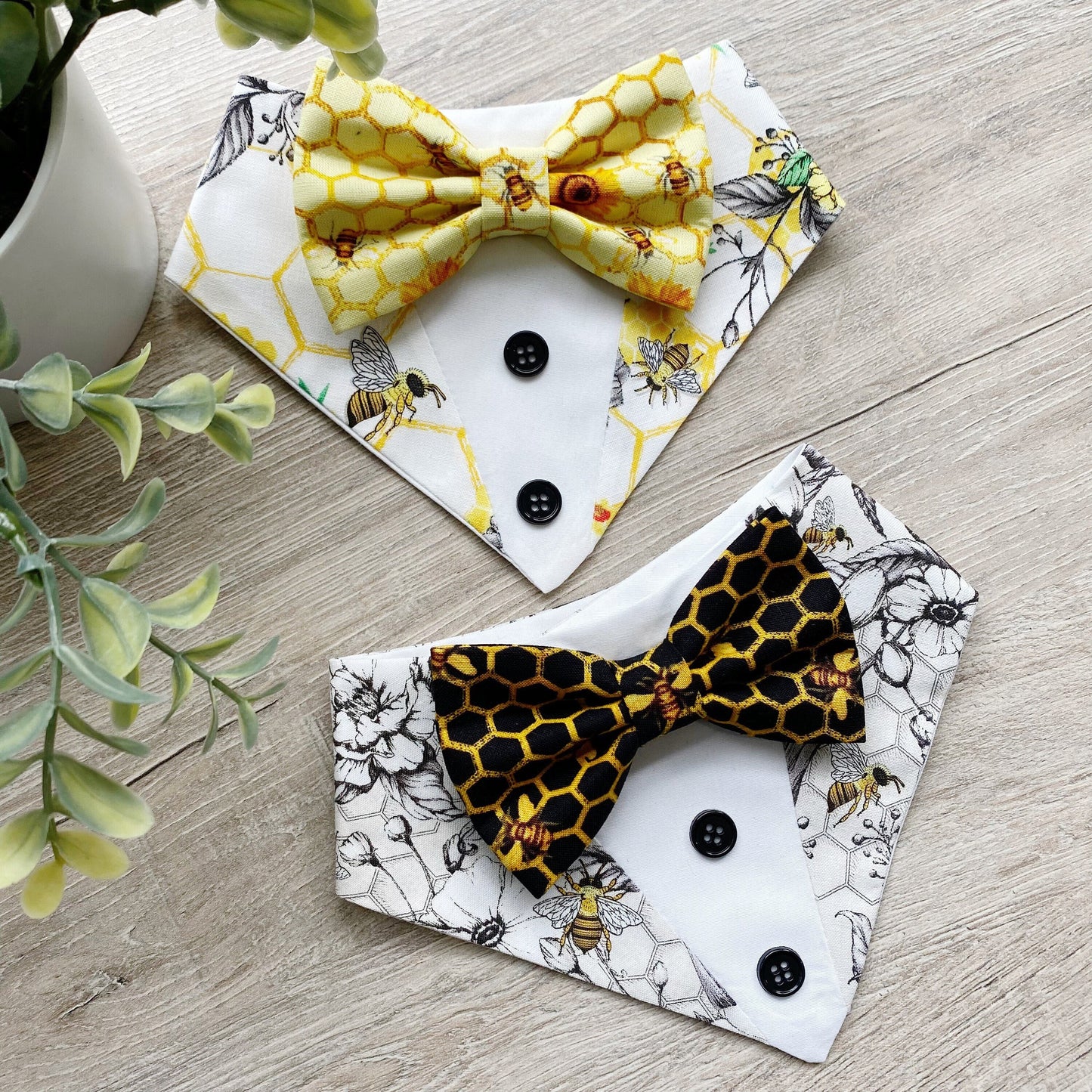 Bee Honeycomb Tuxedo Dog Bandana with Bowtie, Snap-On