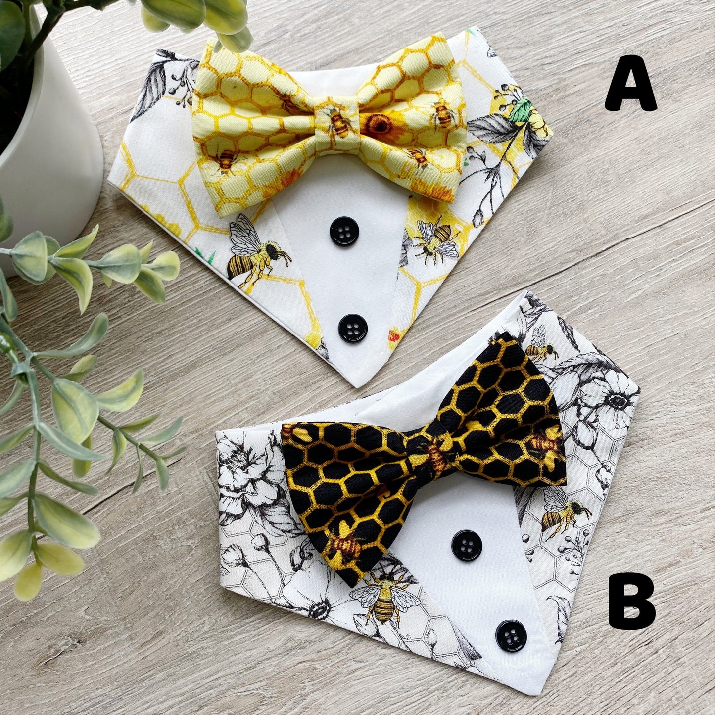 Bee Honeycomb Tuxedo Dog Bandana with Bowtie, Snap-On