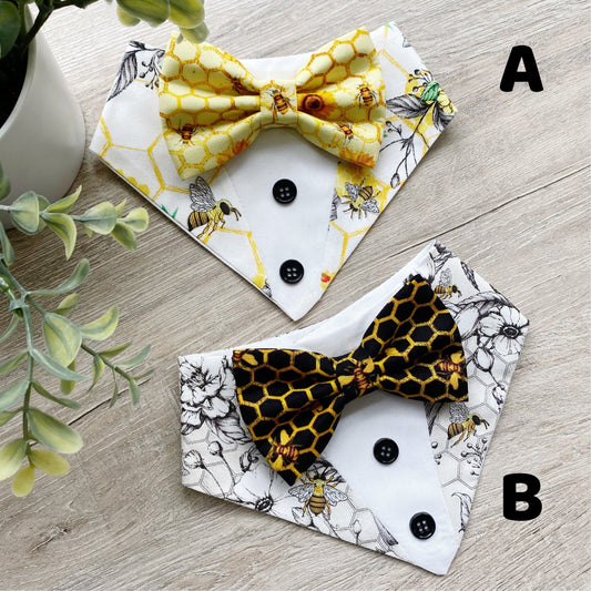 Bee Honeycomb Tuxedo Dog Bandana with Bowtie, Snap-On