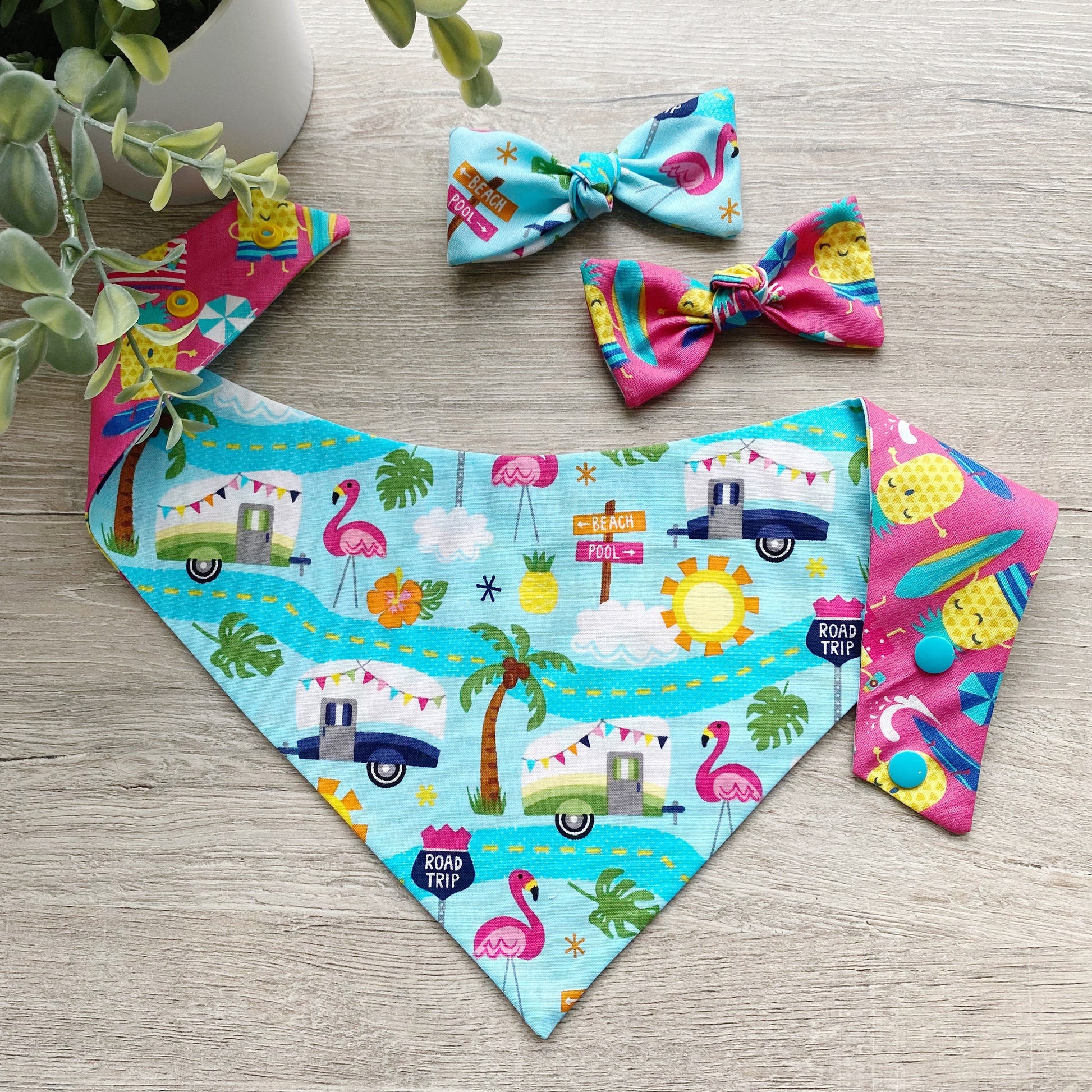 Summer Pineapple Dog Bandana, Snap On Scarf, Matching Hair Bow