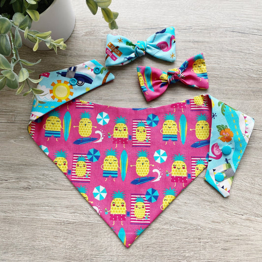 Summer Pineapple Dog Bandana, Snap On Scarf, Matching Hair Bow