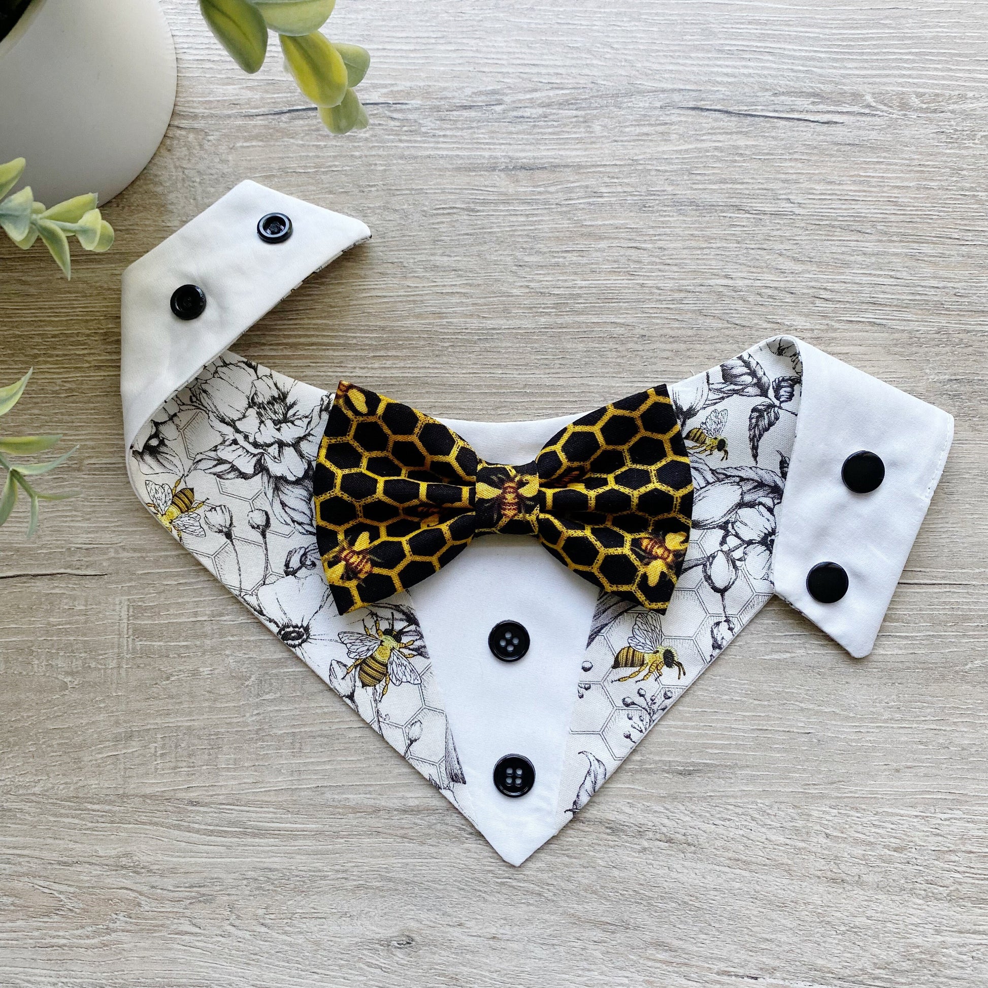 Bee Honeycomb Tuxedo Dog Bandana with Bowtie, Snap-On