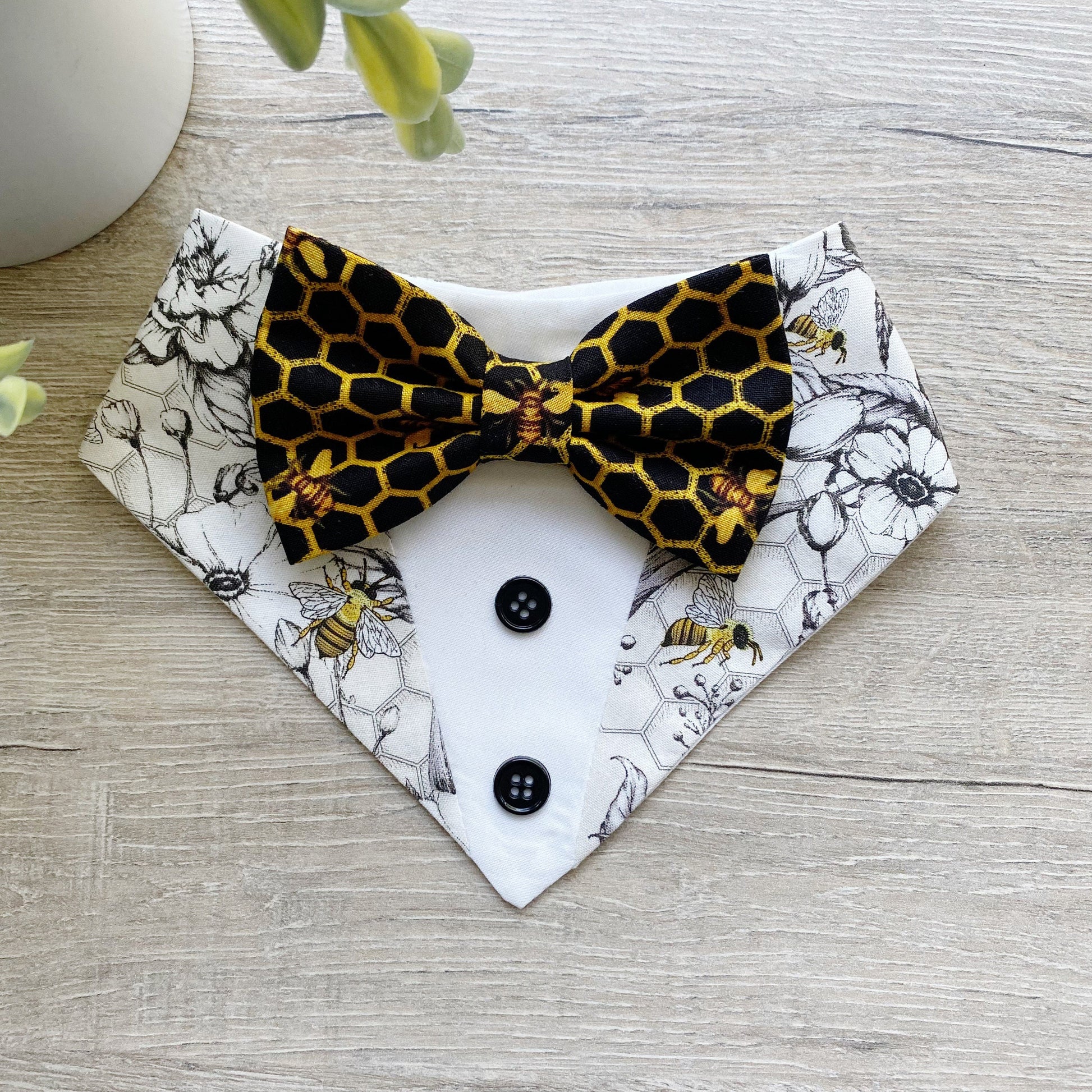 Bee Honeycomb Tuxedo Dog Bandana with Bowtie, Snap-On