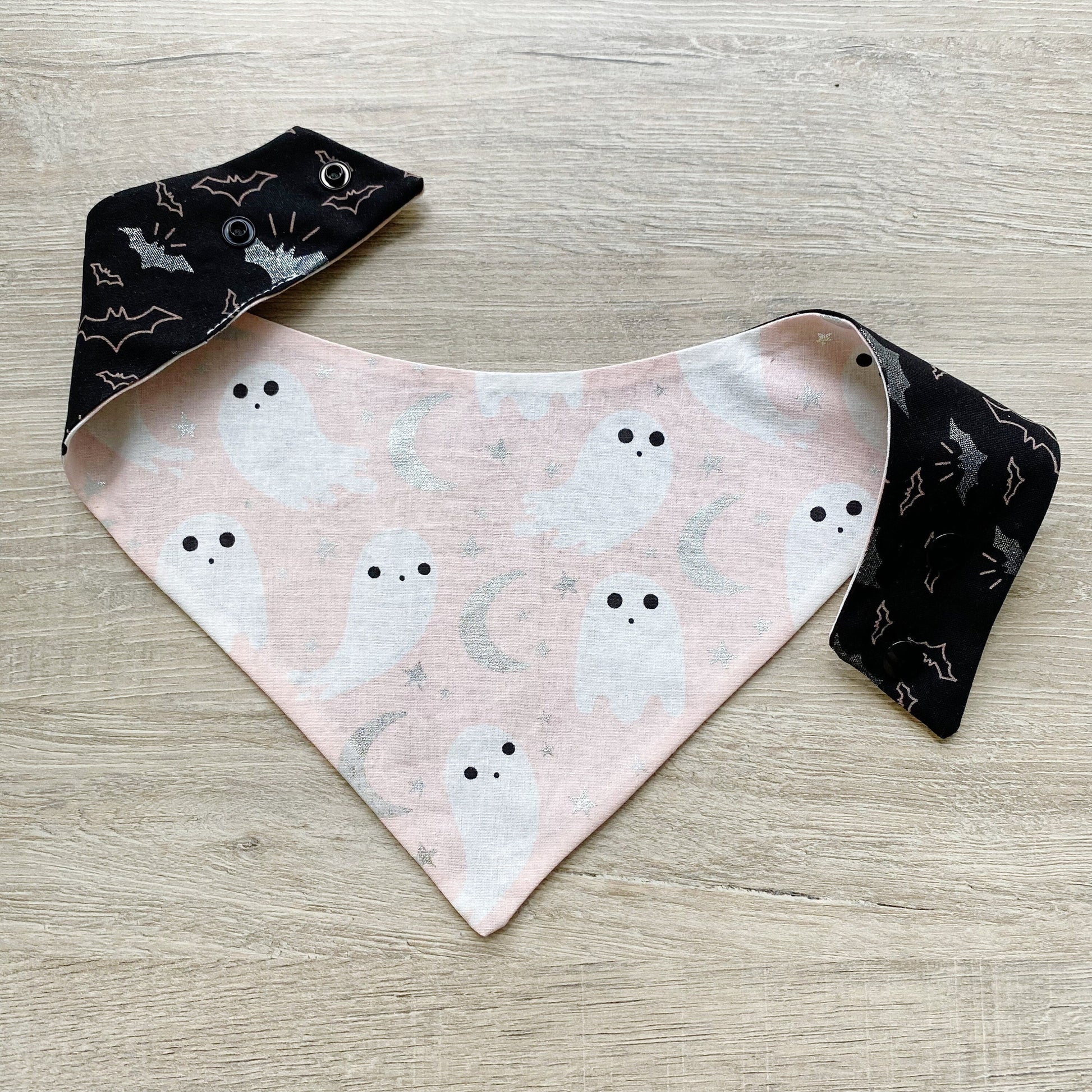 Halloween Dog bandana, White ghost and pink with bats, Dog bandana, Snap on Bandana, Matching hair-bow, Bow and Bandana, Hair Scrunchies