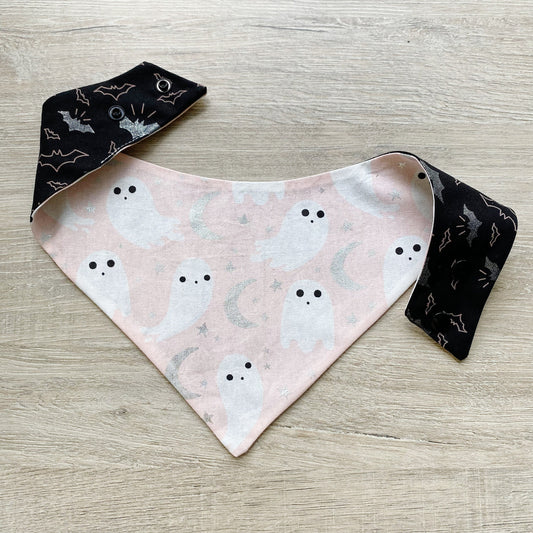 Halloween Dog bandana, White ghost and pink with bats, Dog bandana, Snap on Bandana, Matching hair-bow, Bow and Bandana, Hair Scrunchies
