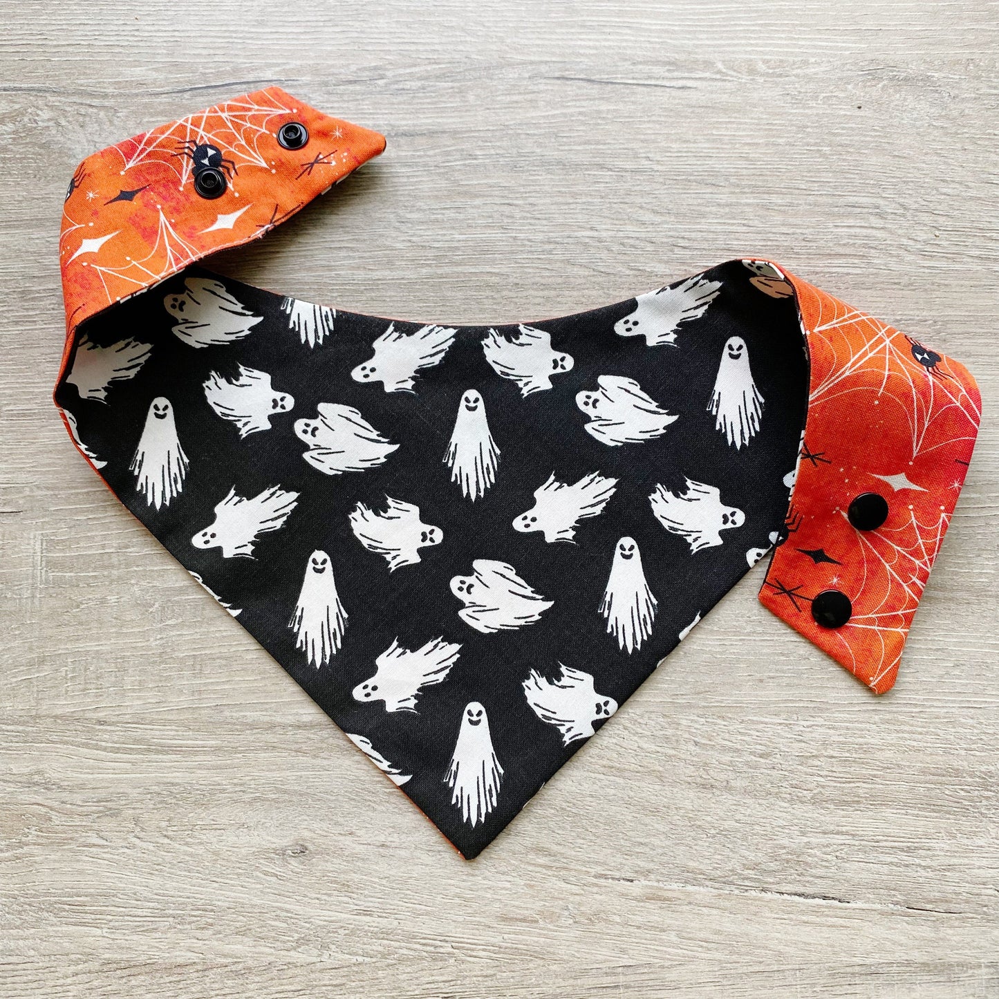 Halloween Dog Bandana, White Ghost, Snap-on, Matching Bow