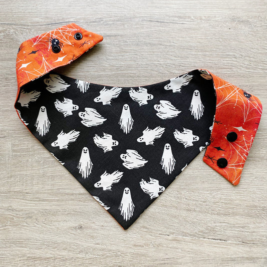 Halloween Dog Bandana, White Ghost, Snap-on, Matching Bow