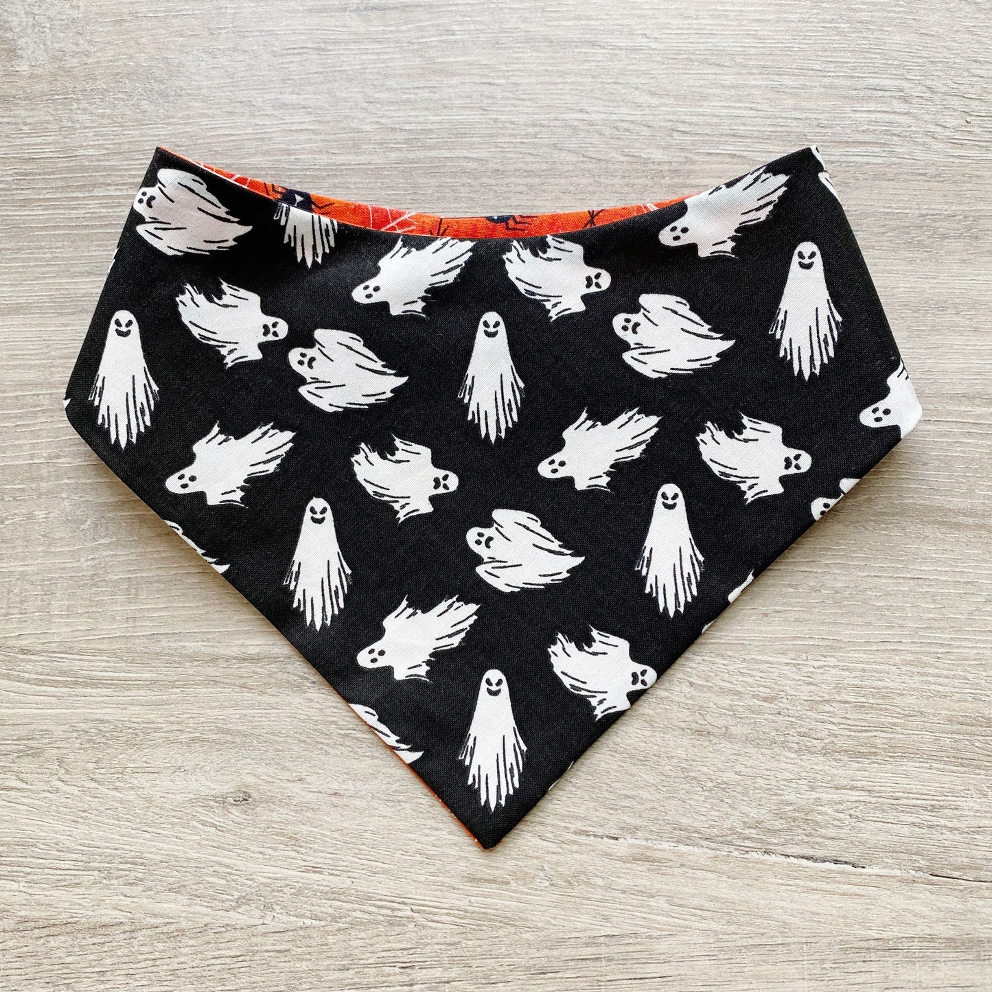 Halloween Dog Bandana, White Ghost, Snap-on, Matching Bow