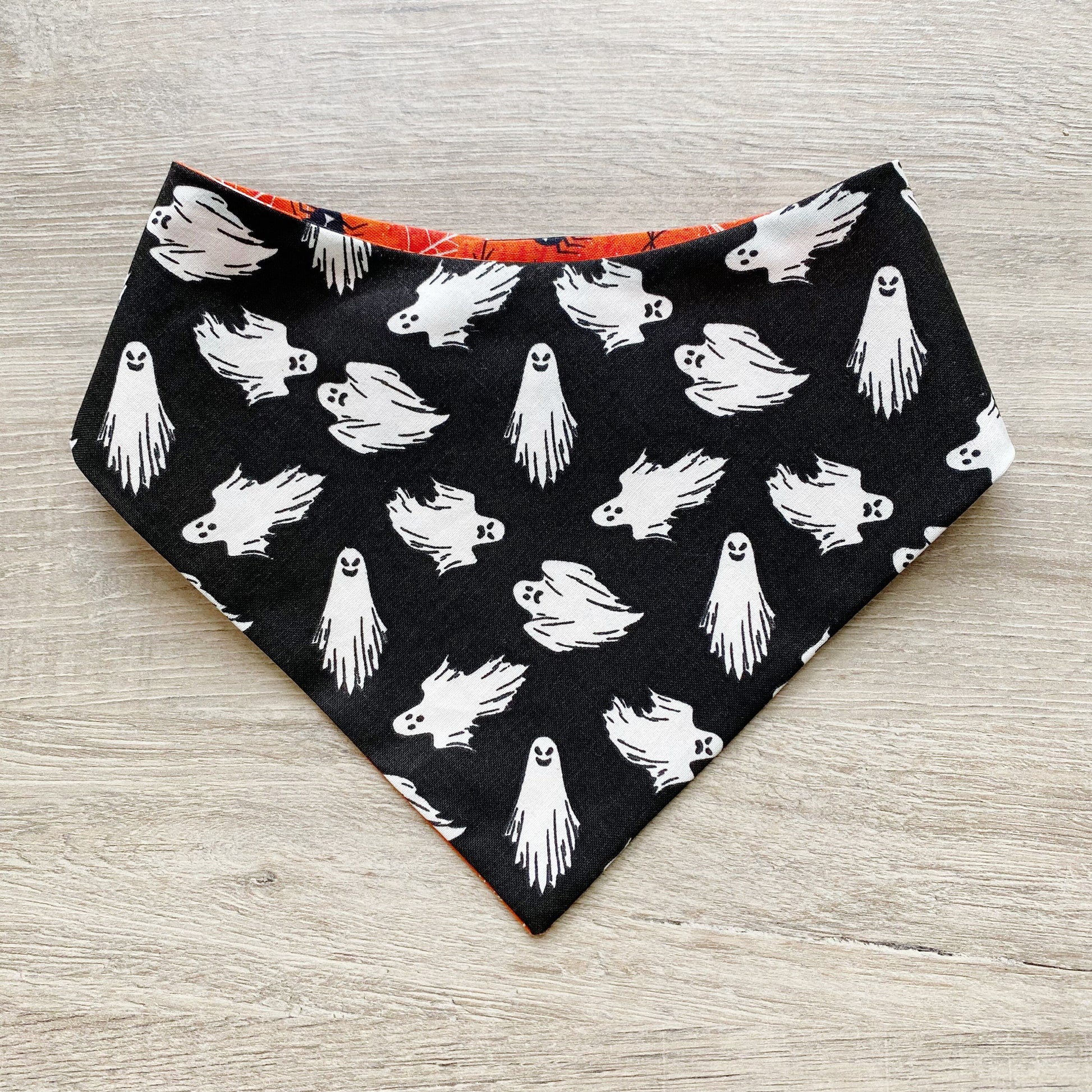 Halloween Dog Bandana, White Ghost, Snap-on, Matching Bow