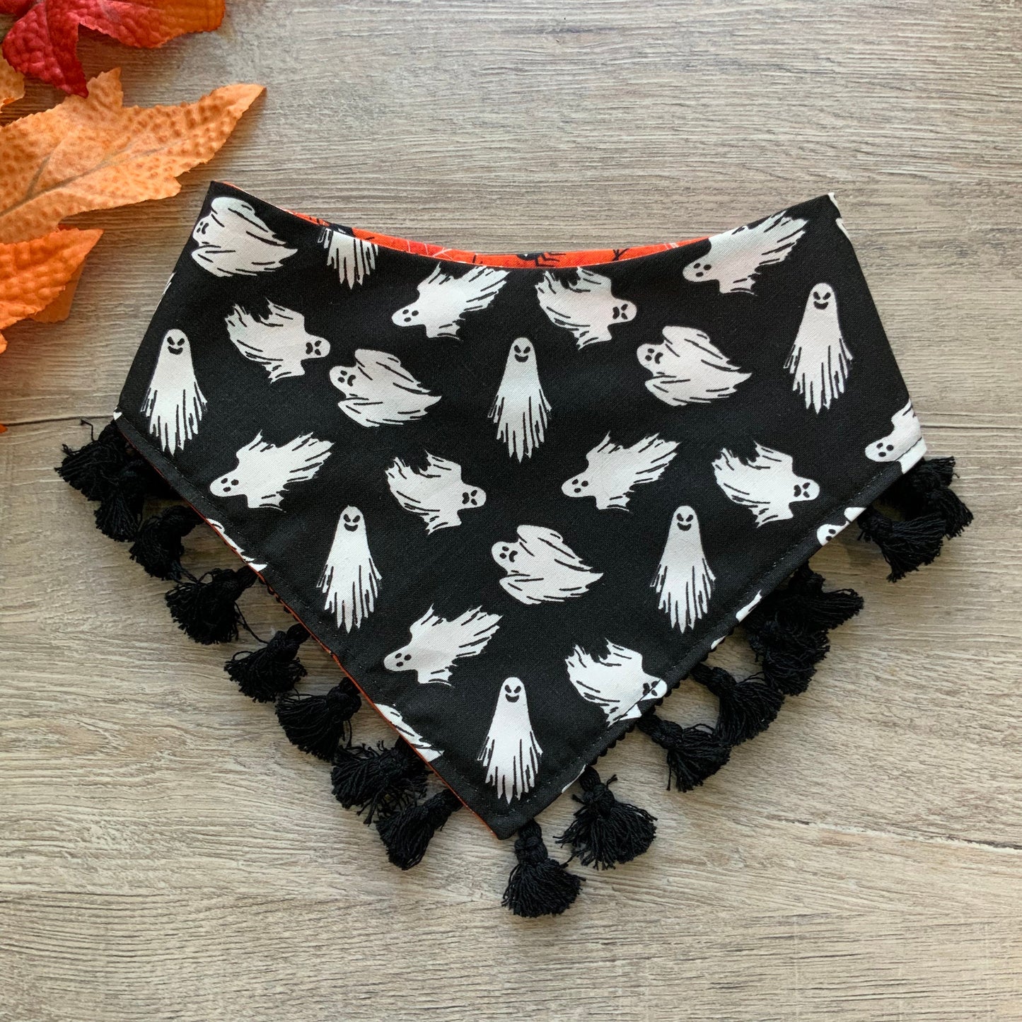 Halloween Dog Bandana, White Ghost, Snap-on, Matching Bow