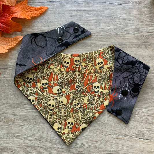 Halloween Dog Bandana, Reversible Skeleton Spider Scarf, Snap-On