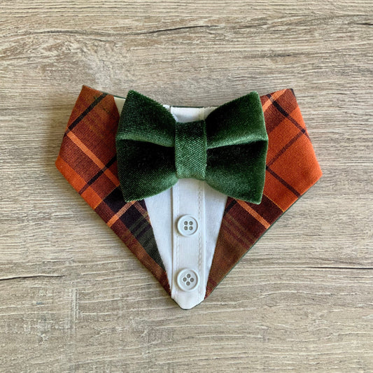 New! Dog Tuxedo bandana, Green velvet plaid Orange, Dog bandana, Snap on Bandana, Autumn attire for dogs, bandana with bowtie,