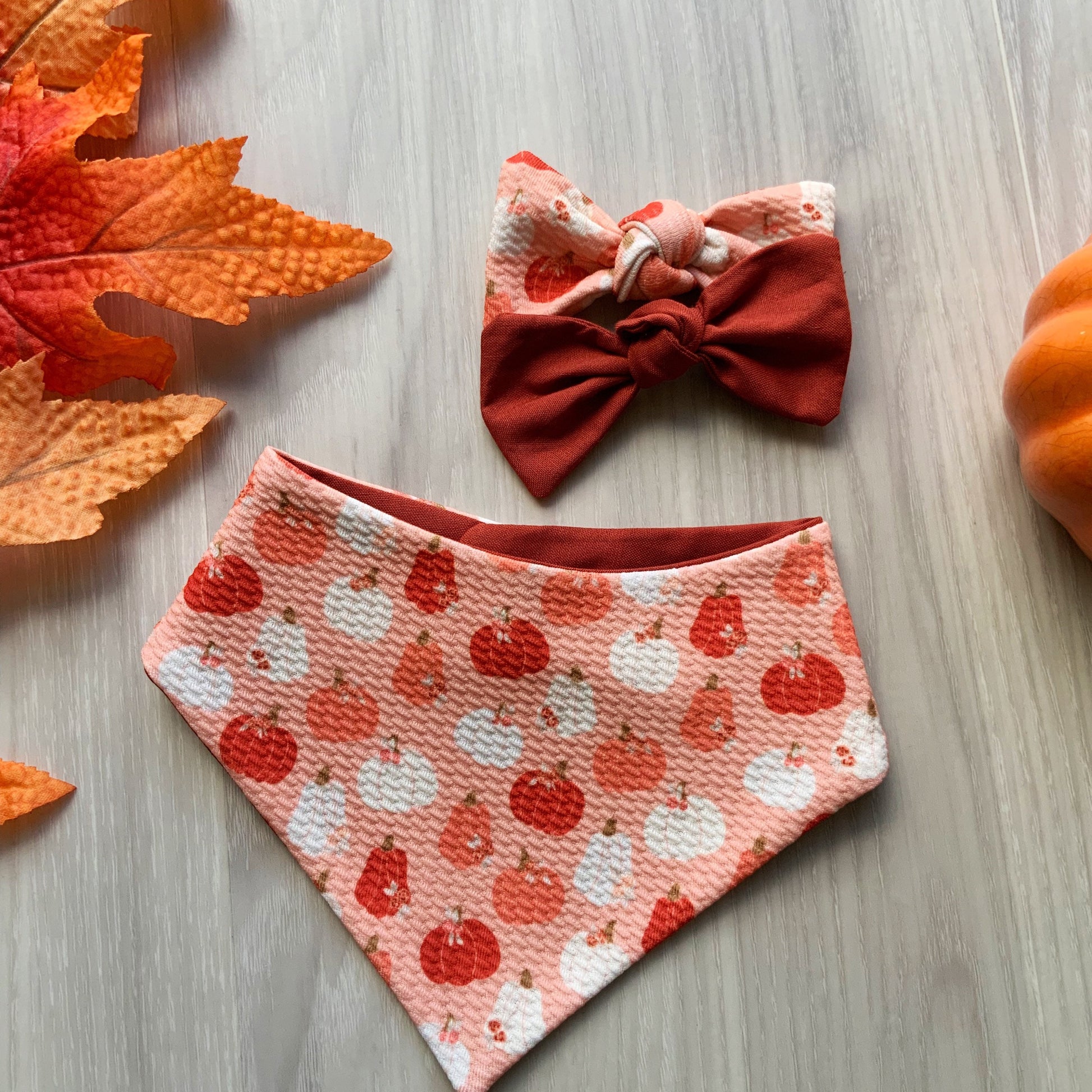 Fall Pumpkin Dog Bandana, Snap-On Scarf with Optional Hair Bow