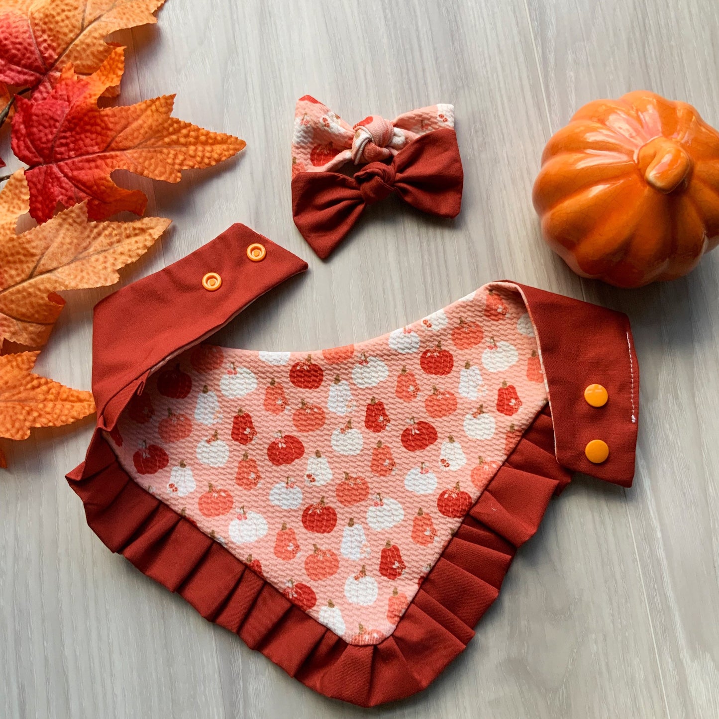 Fall Pumpkin Dog Bandana, Snap-On Scarf with Optional Hair Bow