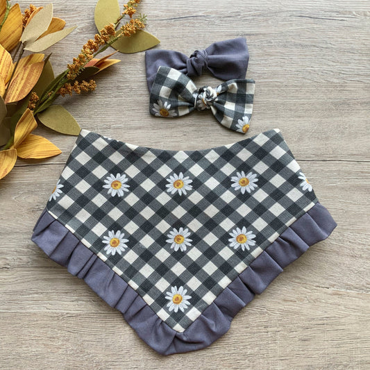 Daisy Gingham Dog Bandana, Autumn Pet Scarf with Hair Bow