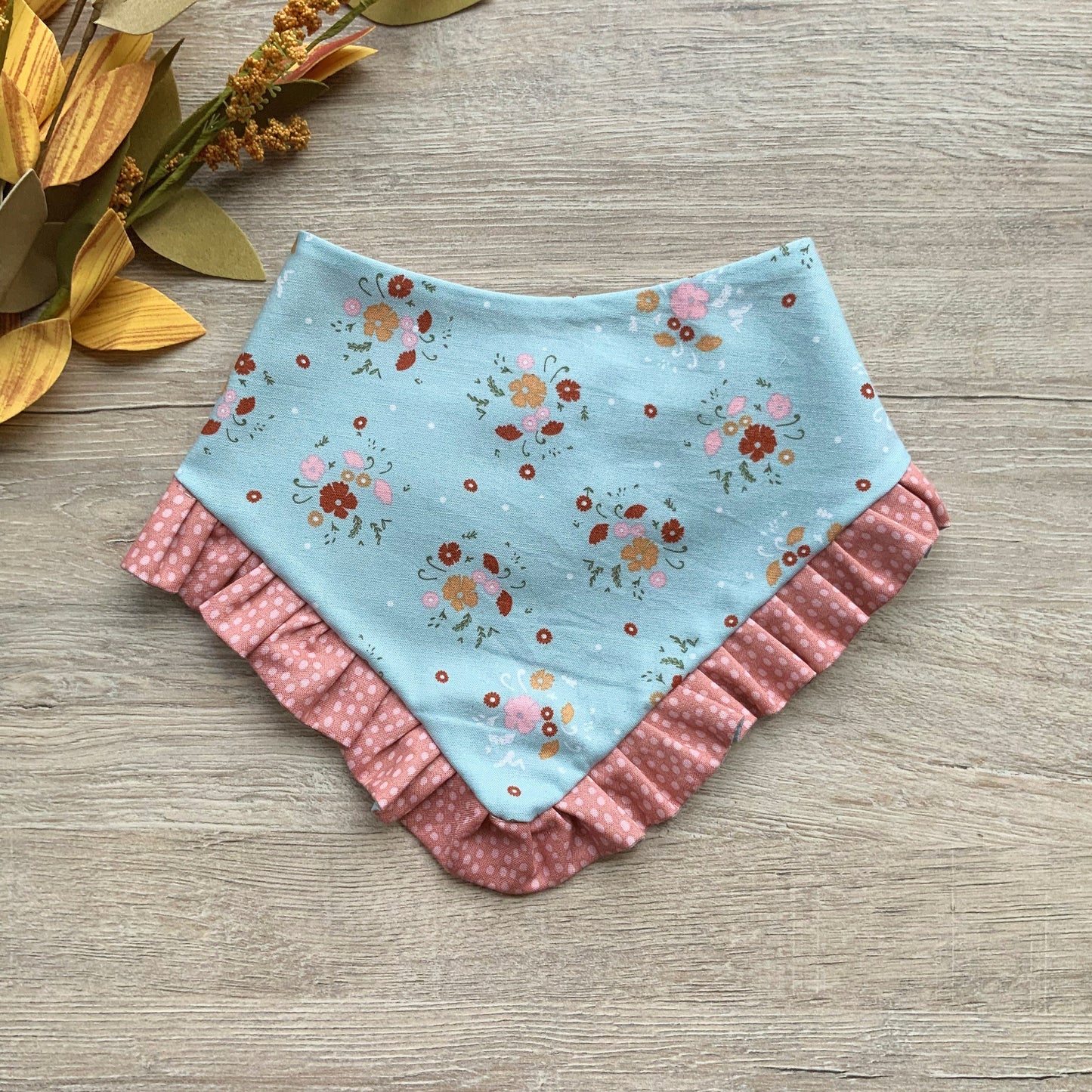 Floral Fall Dog Bandana with Ruffle and Bows, Snap-On Scarf