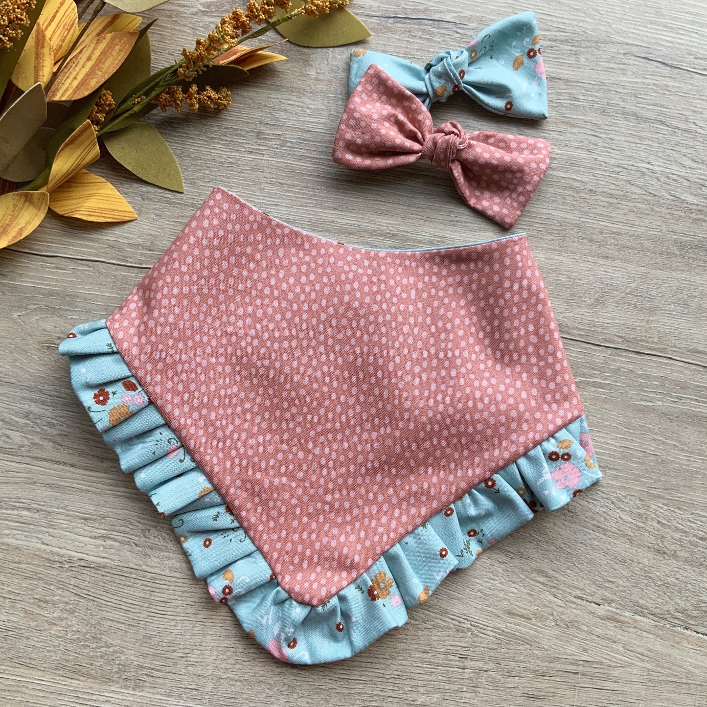 Floral Fall Dog Bandana with Ruffle and Bows, Snap-On Scarf