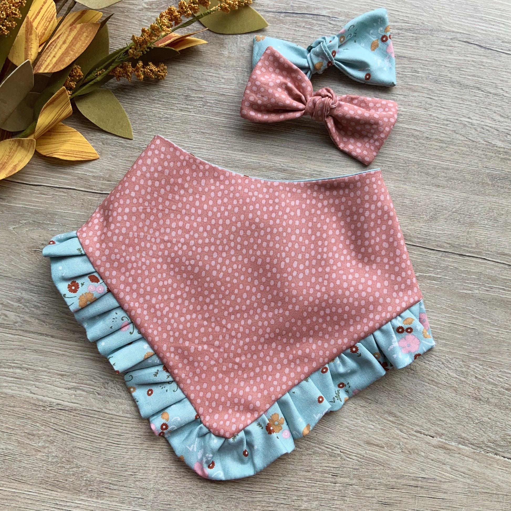Floral Fall Dog Bandana with Ruffle and Bows, Snap-On Scarf
