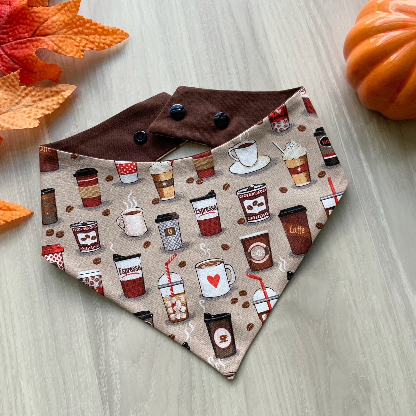 Fall Dog bandana, espresso , Snap on Bandana, Matching hair-bow, Bow and Bandana, Autumn scarf for dogs, Curved neckline