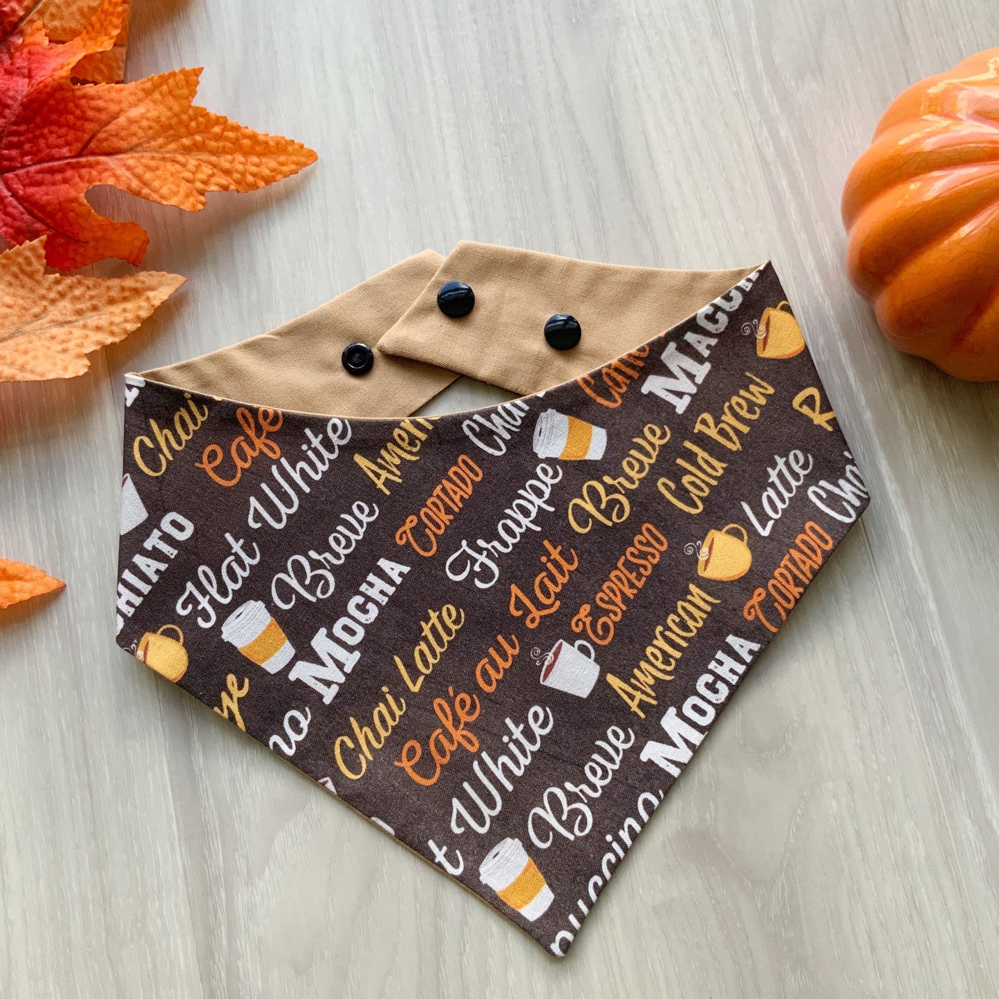 Coffee Lover Dog Bandana, Snap-On Autumn Scarf, Matching Hair-Bow