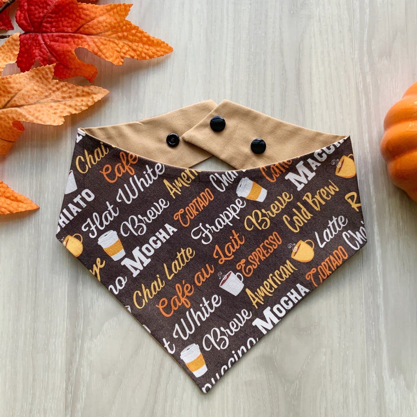 Coffee Lover Dog Bandana, Snap-On Autumn Scarf, Matching Hair-Bow