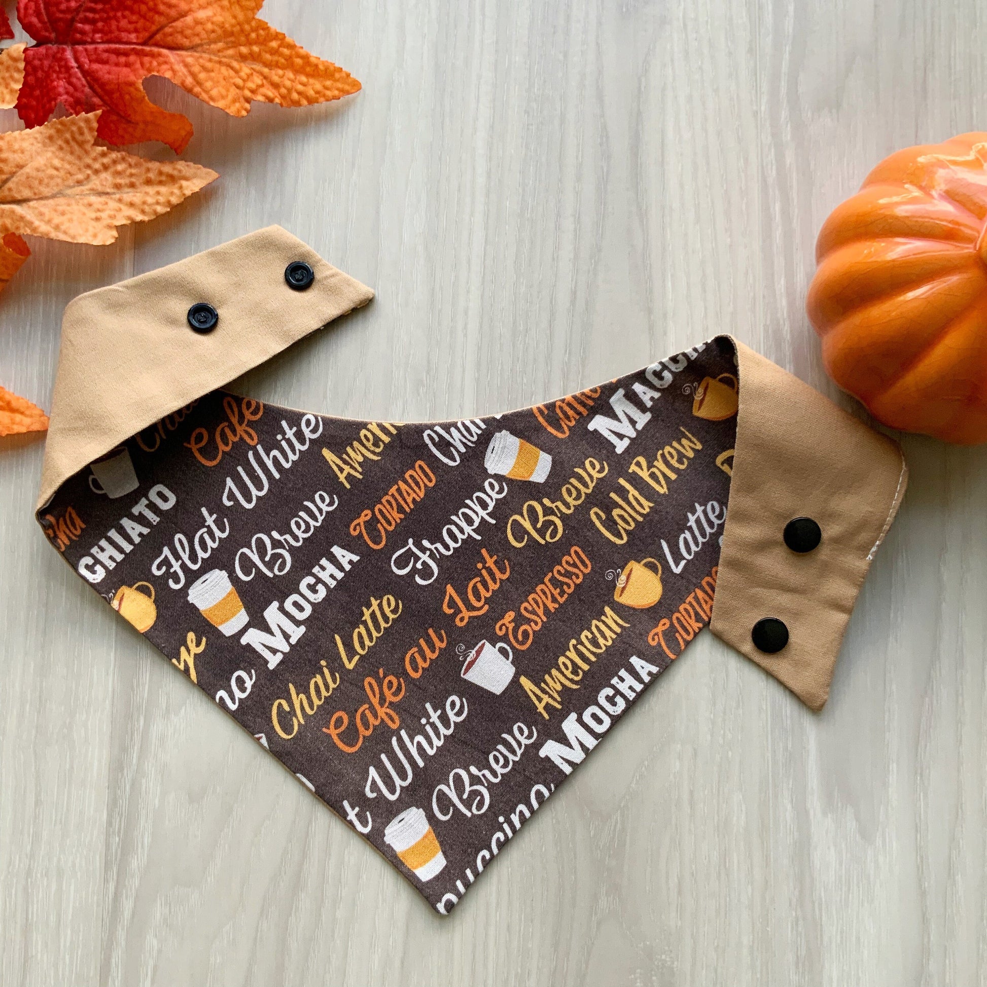 Coffee Lover Dog Bandana, Snap-On Autumn Scarf, Matching Hair-Bow