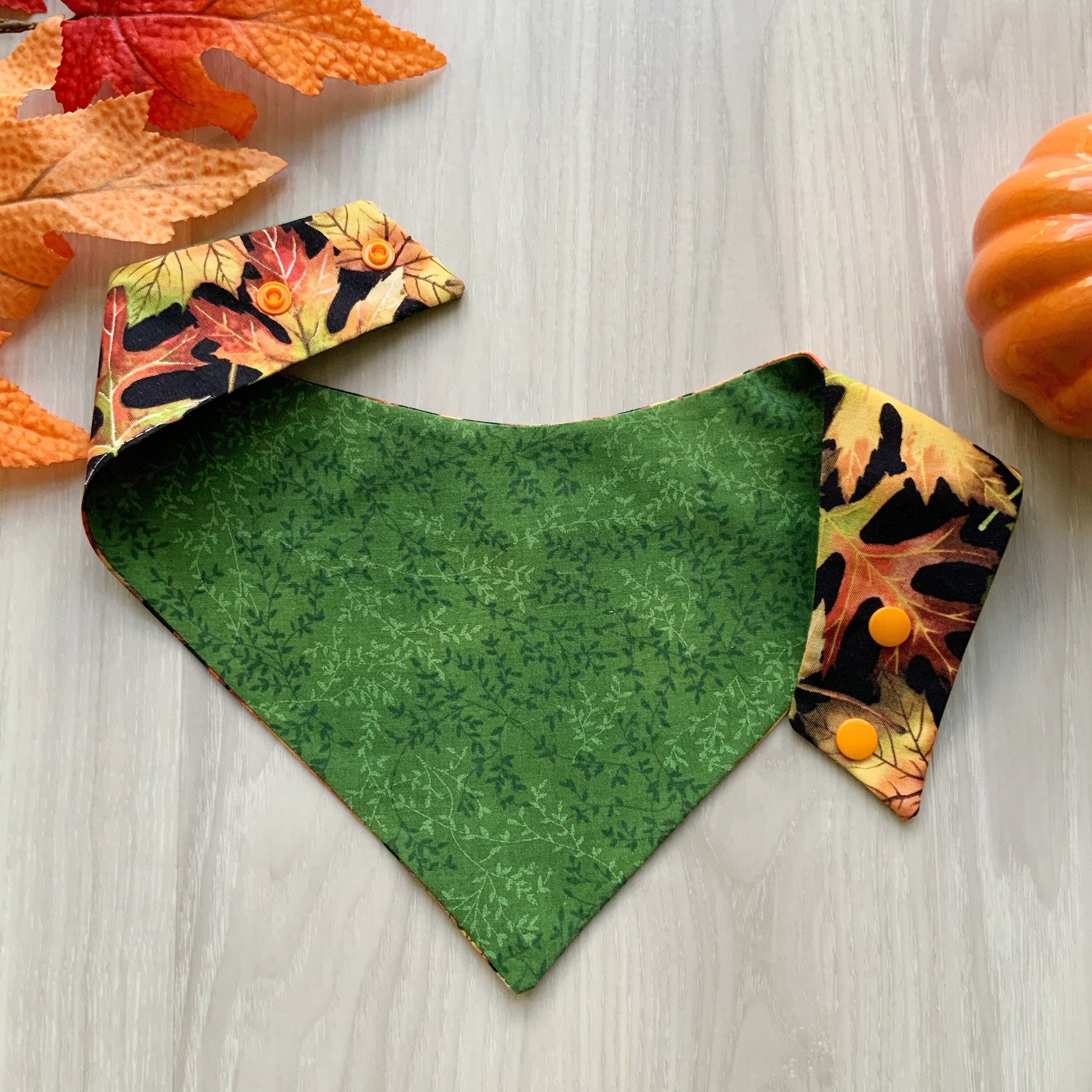 Fall Leaves Dog Bandana with Matching Bow, Snap On Autumn Scarf