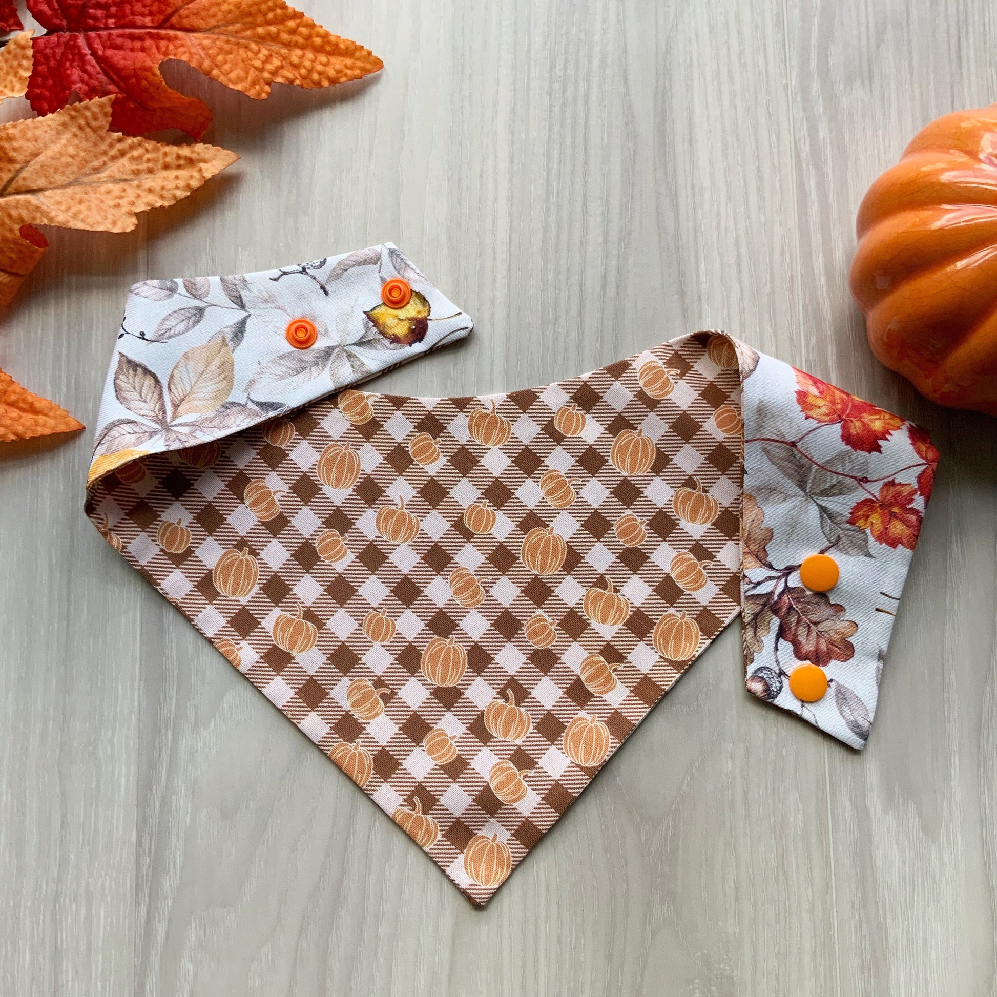 Fall Leaves Dog Bandana, Plaid Pumpkin, Snap-On, Reversible
