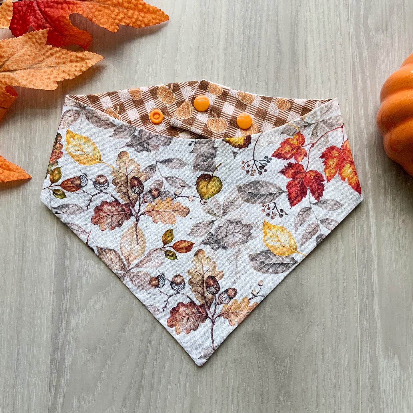 Fall Leaves Dog Bandana, Plaid Pumpkin, Snap-On, Reversible