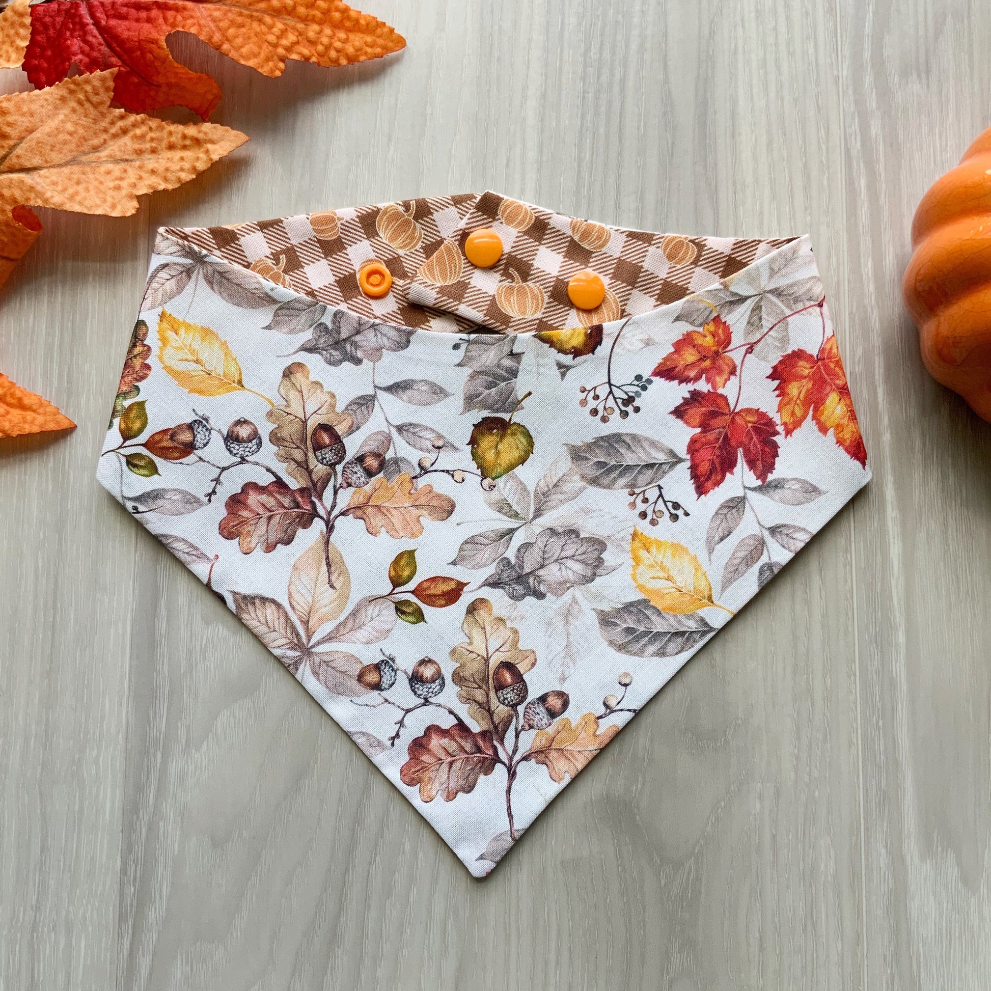 Fall Leaves Dog Bandana, Plaid Pumpkin, Snap-On, Reversible