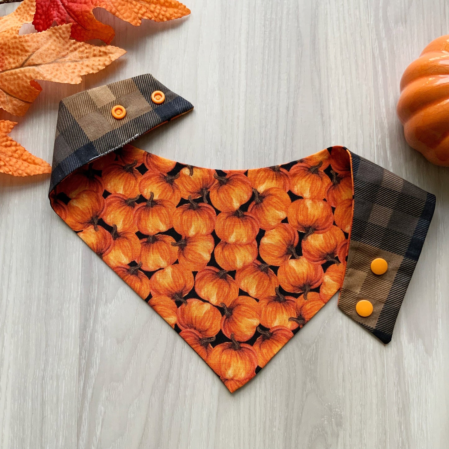 Fall Dog bandana, Pumpkin brown plaid Snap on Bandana, Matching hair-bow, Bow and Bandana, Autumn scarf for dogs, Curved neckline