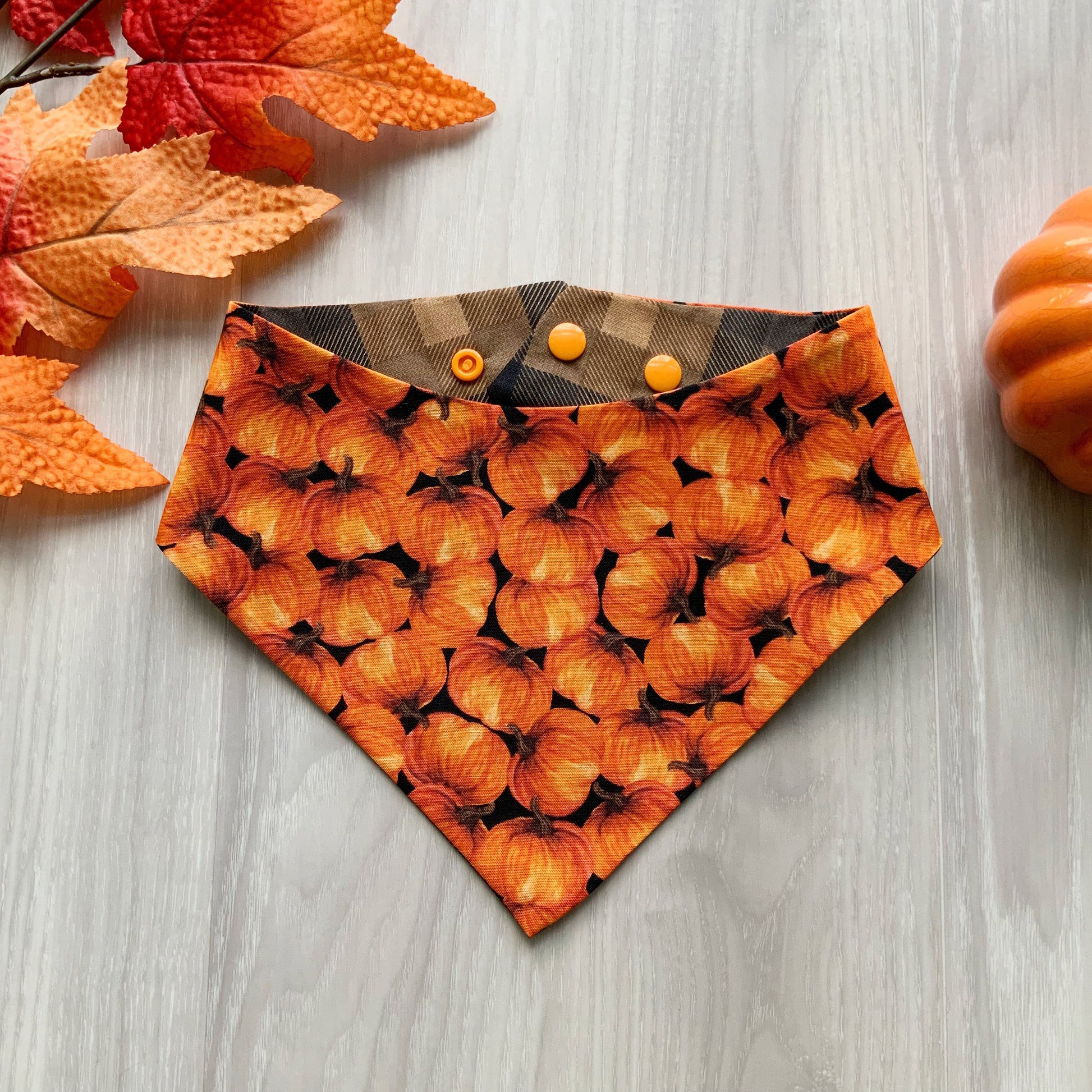 Fall Dog bandana, Pumpkin brown plaid Snap on Bandana, Matching hair-bow, Bow and Bandana, Autumn scarf for dogs, Curved neckline