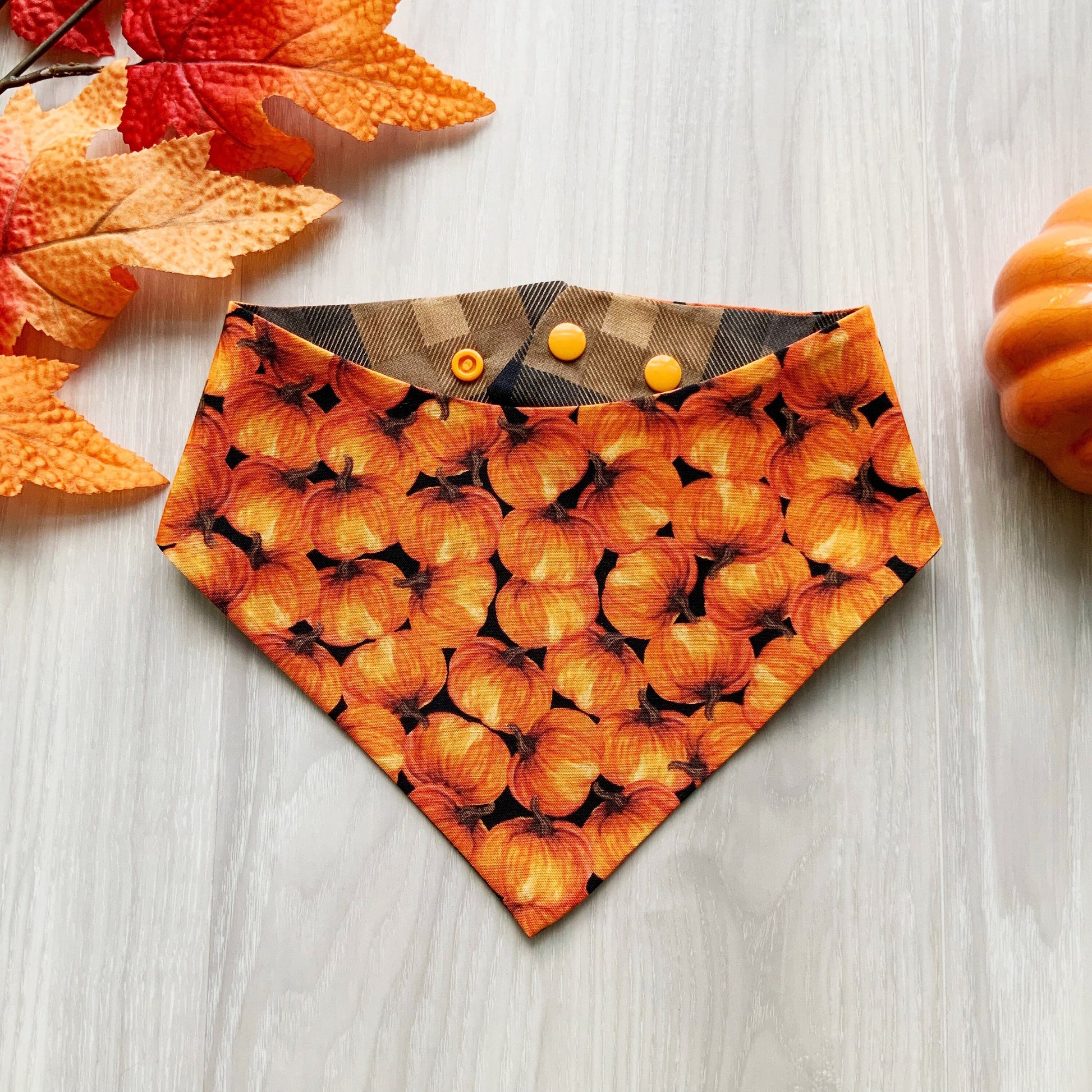Fall Dog bandana, Pumpkin brown plaid Snap on Bandana, Matching hair-bow, Bow and Bandana, Autumn scarf for dogs, Curved neckline