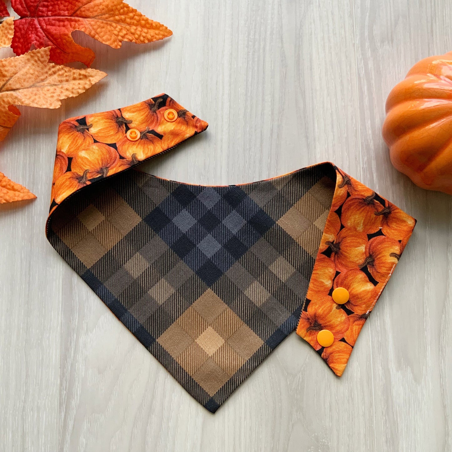Fall Dog bandana, Pumpkin brown plaid Snap on Bandana, Matching hair-bow, Bow and Bandana, Autumn scarf for dogs, Curved neckline