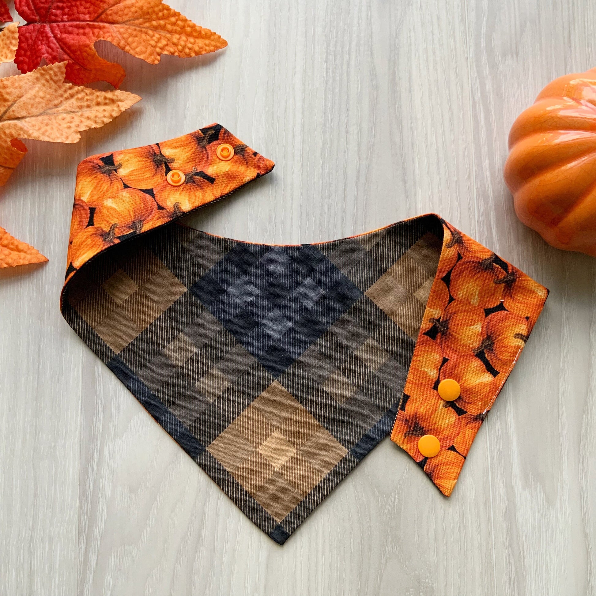 Fall Dog bandana, Pumpkin brown plaid Snap on Bandana, Matching hair-bow, Bow and Bandana, Autumn scarf for dogs, Curved neckline