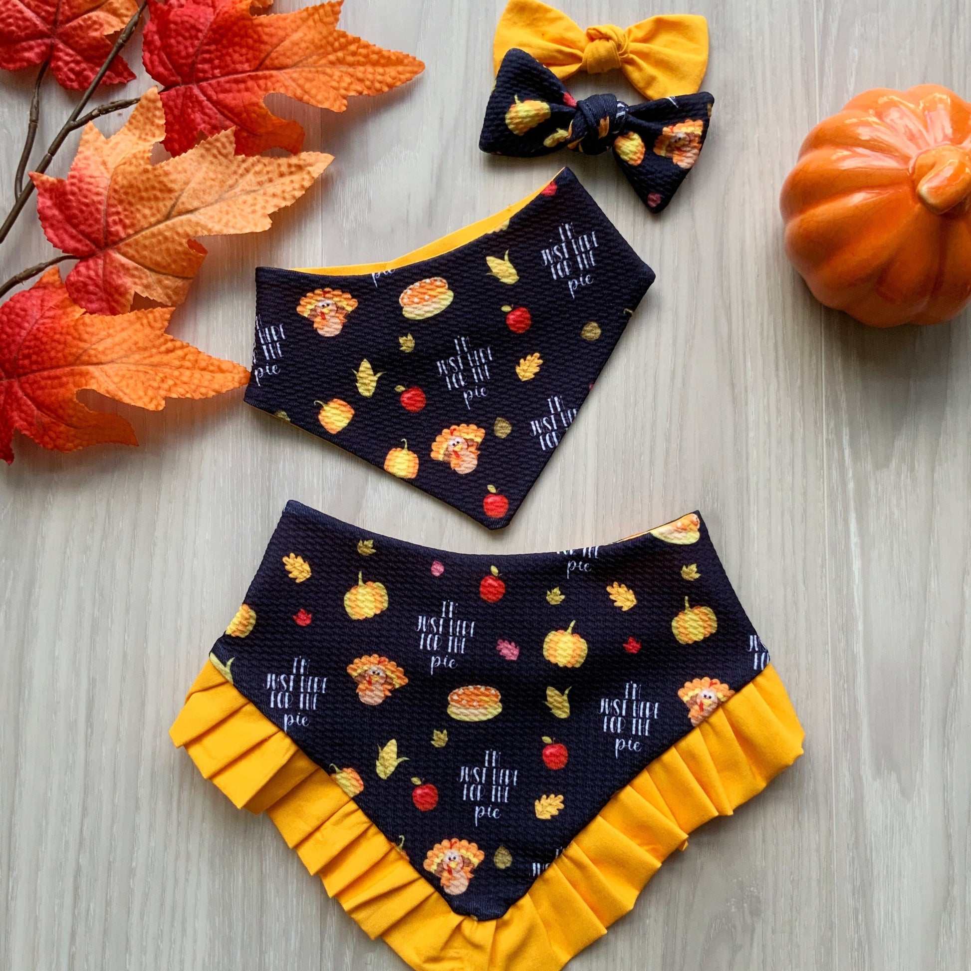 Fall Dog bandana, Thanksgiving pie, Snap on Bandana, Matching hair-bow, Bow and Bandana, Autumn scarf for dogs, Curved neckline
