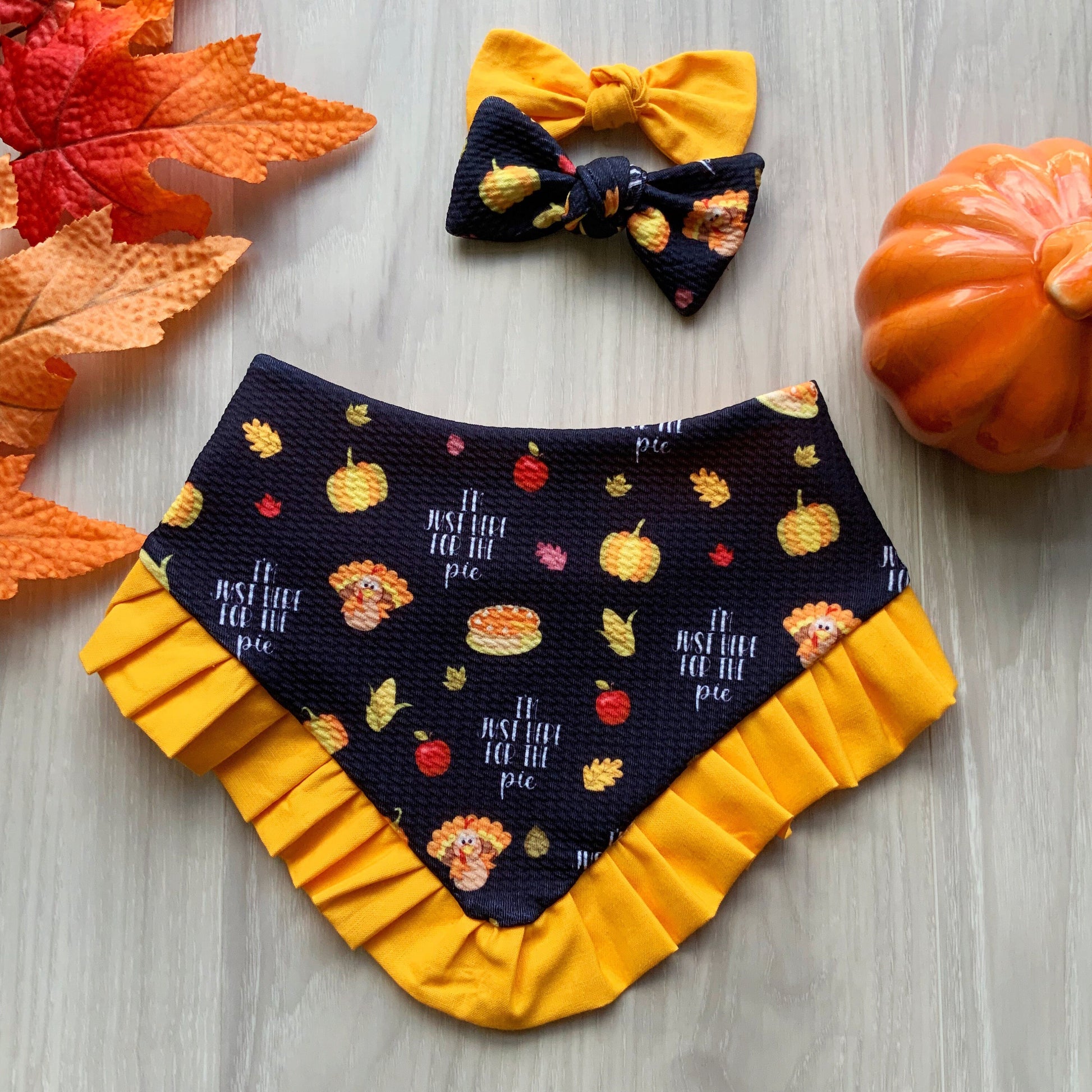 Fall Dog bandana, Thanksgiving pie, Snap on Bandana, Matching hair-bow, Bow and Bandana, Autumn scarf for dogs, Curved neckline