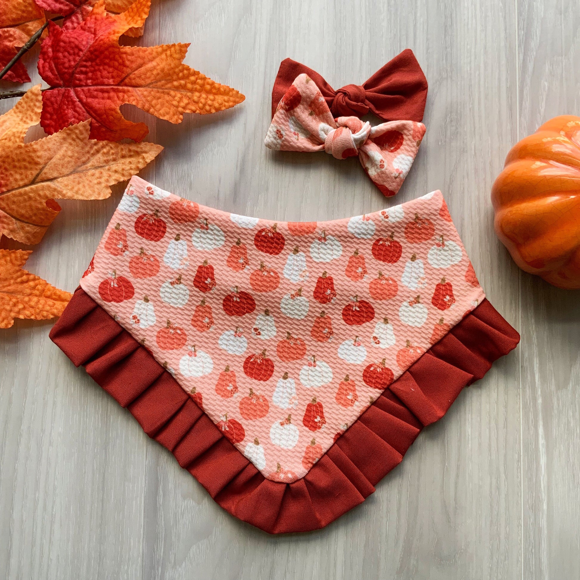 Fall Pumpkin Dog Bandana, Snap-On Scarf with Optional Hair Bow