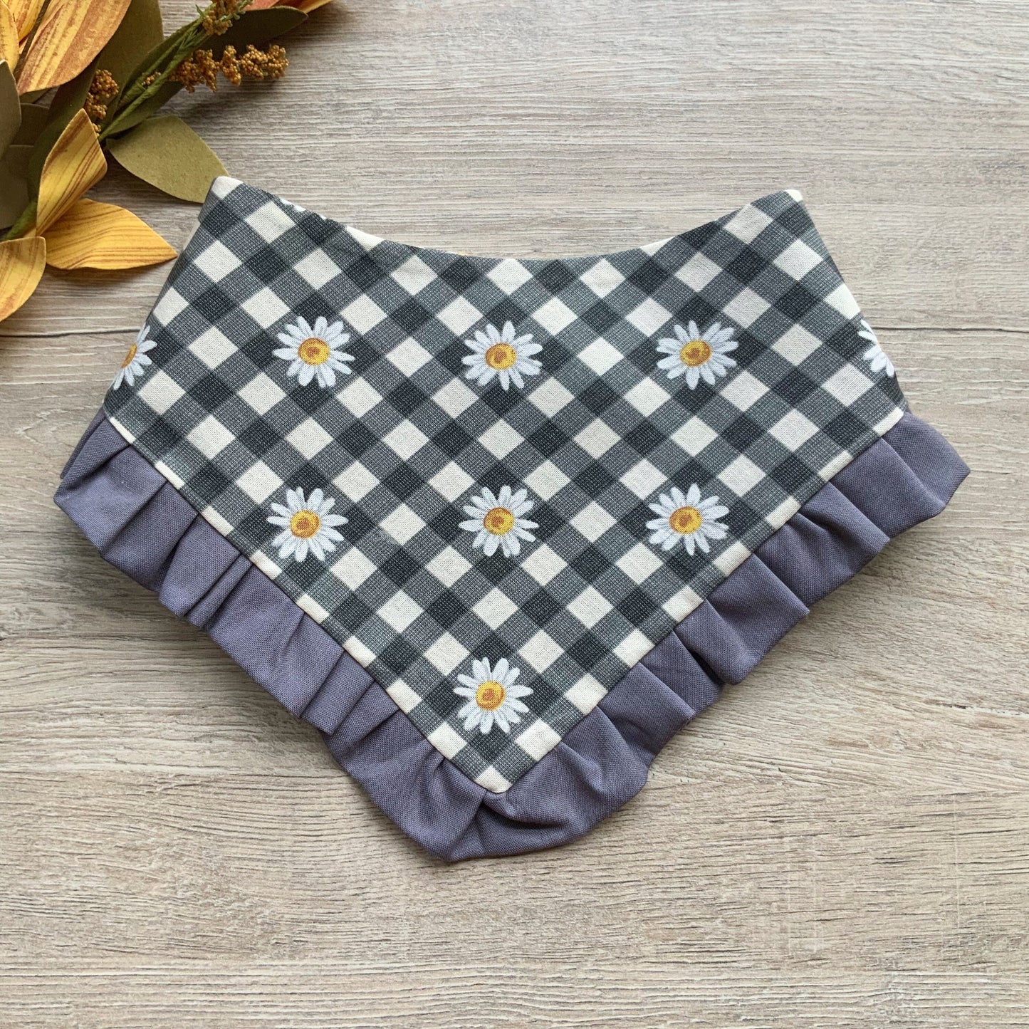 Daisy Gingham Dog Bandana, Autumn Pet Scarf with Hair Bow