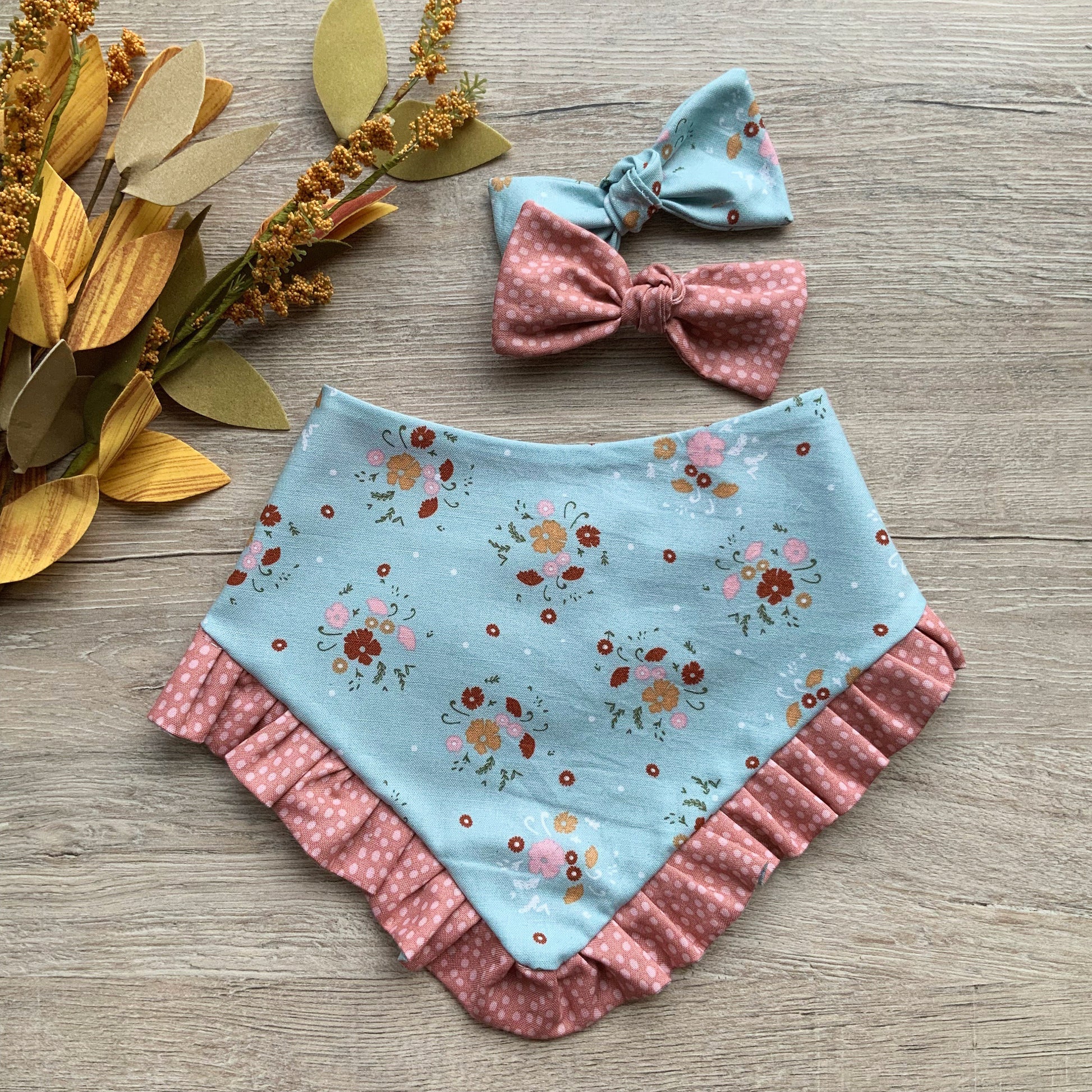 Floral Fall Dog Bandana with Ruffle and Bows, Snap-On Scarf