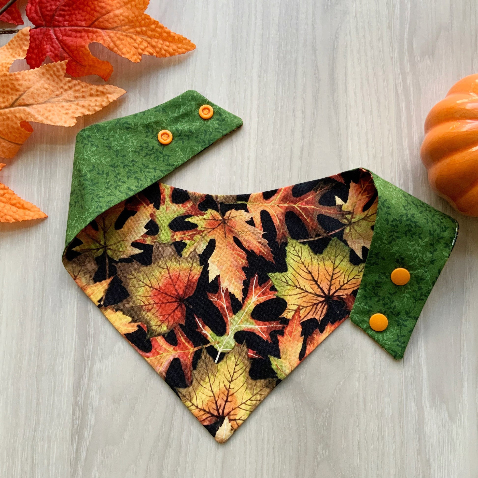 Fall Leaves Dog Bandana with Matching Bow, Snap On Autumn Scarf
